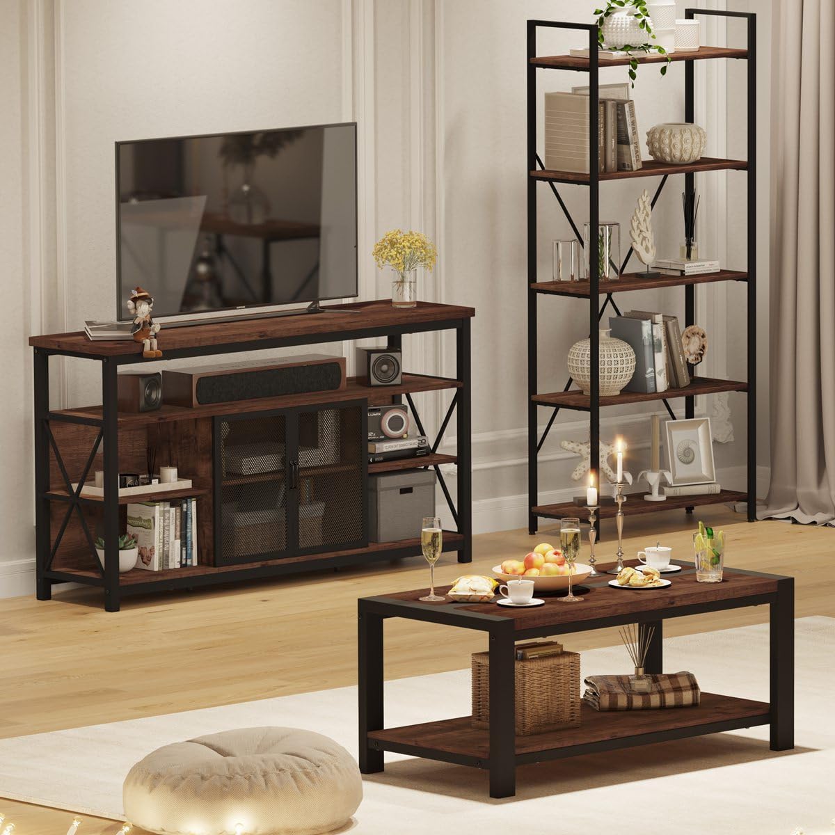 BON AUGURE Industrial 5 Tier Bookshelf, Coffee Table for Living Room and Tall TV Stand for TVs up to 65 Inch, Wood and Metal Furniture Set for Home (Rustic Oak)