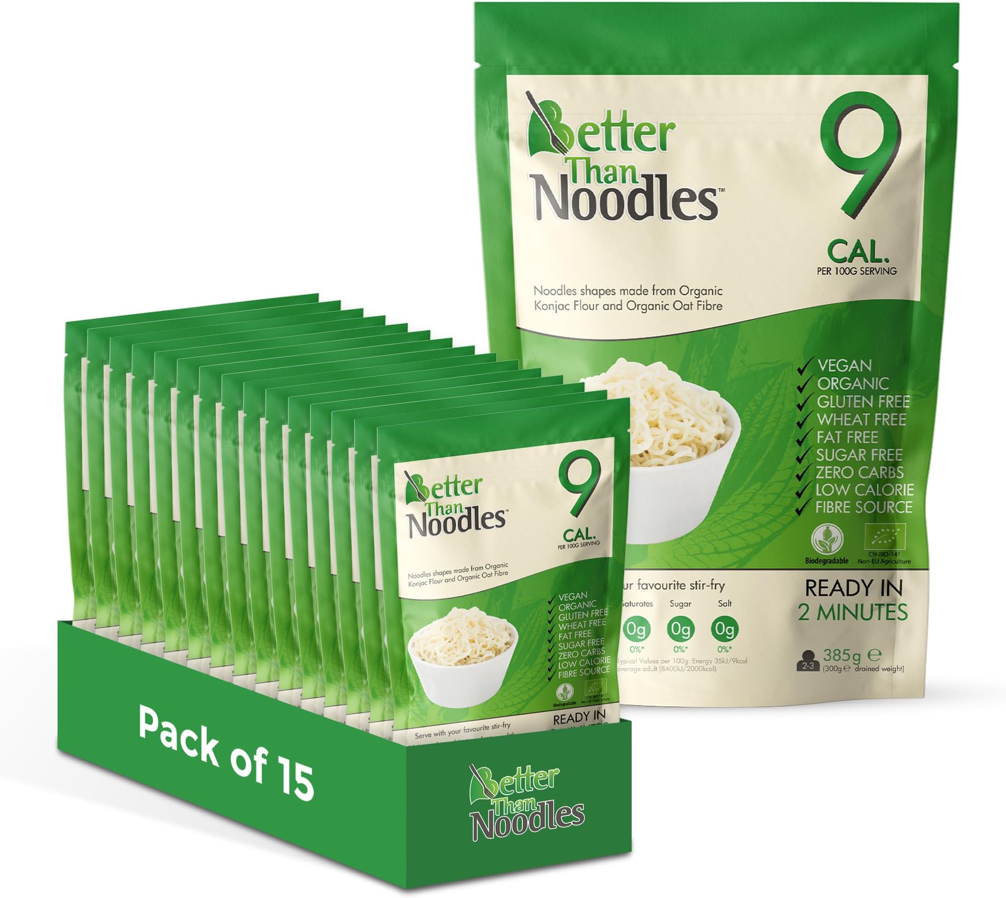 Better Than Noodles (Pack of 15, 385g Each) Zero Carbohydrate - Low Calorie Zero Sugar Konjac Flour Keto Diet & Vegan Food High In Nutrition - Low Carbohydrates Low Fat Diet Vegan Food