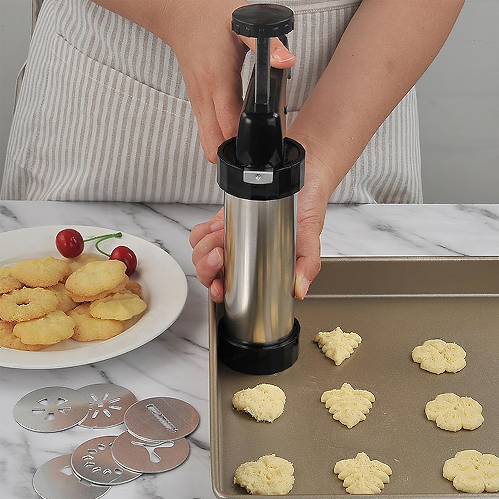 Pressa per biscotti in acciaio inox, con 13 dischi e 8 punte per glassa, spazzola per la pulizia, multifunzione, riutilizzabile, utensile da cucina per la preparazione di biscotti (nero)