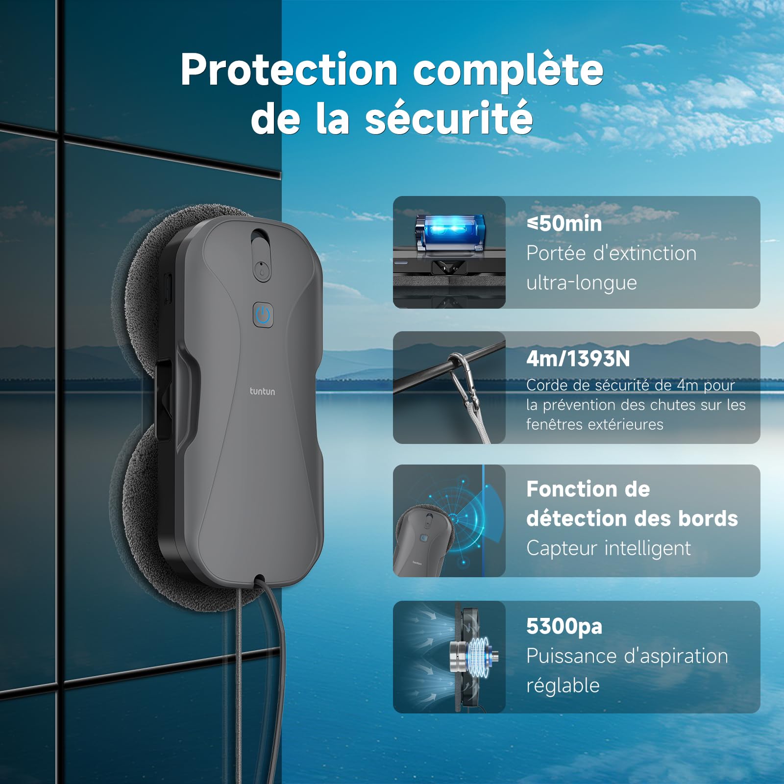 tuntun W12pro Robot Laveur de vitre,Pulvérisation Double 4 Directions,Robot Nettoyeur vitre,5300 Pa,Conception compacte,Navigation Intelligente,Adapté aux Surfaces Lisses,avec boîte de Rangement