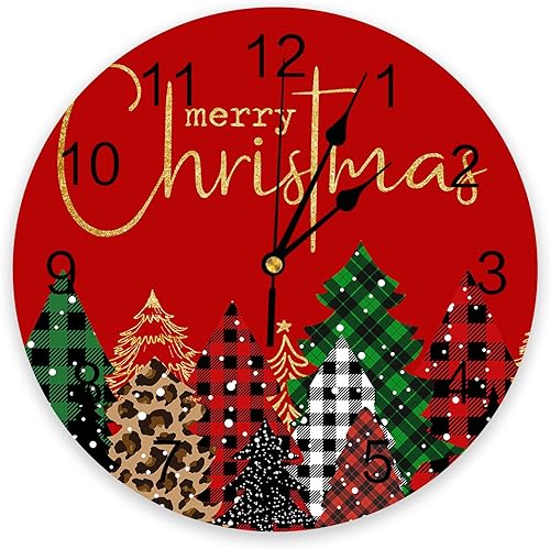 Reloj de pared decorativo, silencioso, sin tictac, árbol de Navidad, estampado de leopardo, a cuadros, rojo, reloj de pared redondo de 10 pulgadas
