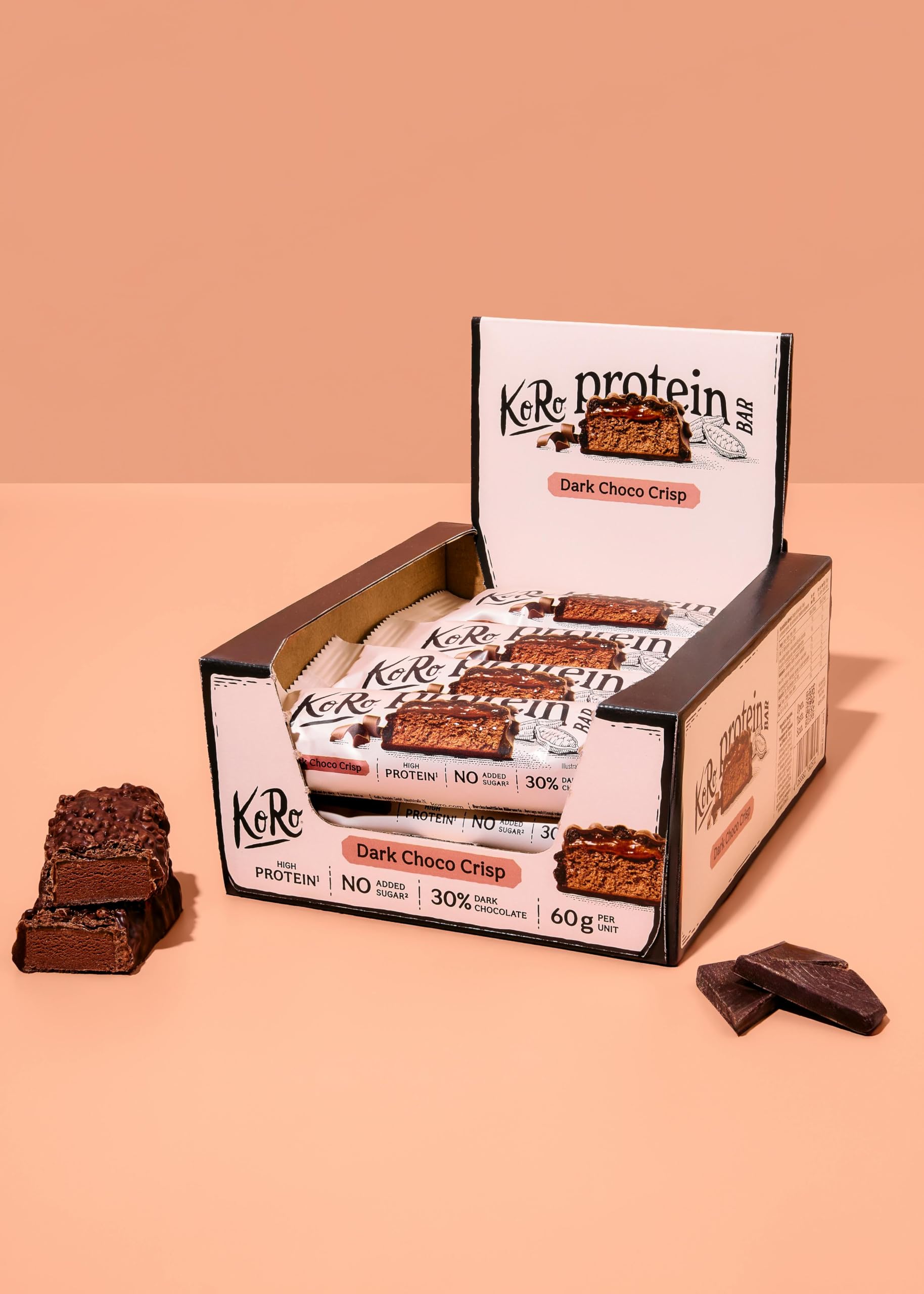 KoRo Barre protéinée crunchy au chocolat noir 60 g Riche en protéines Snack chocolaté