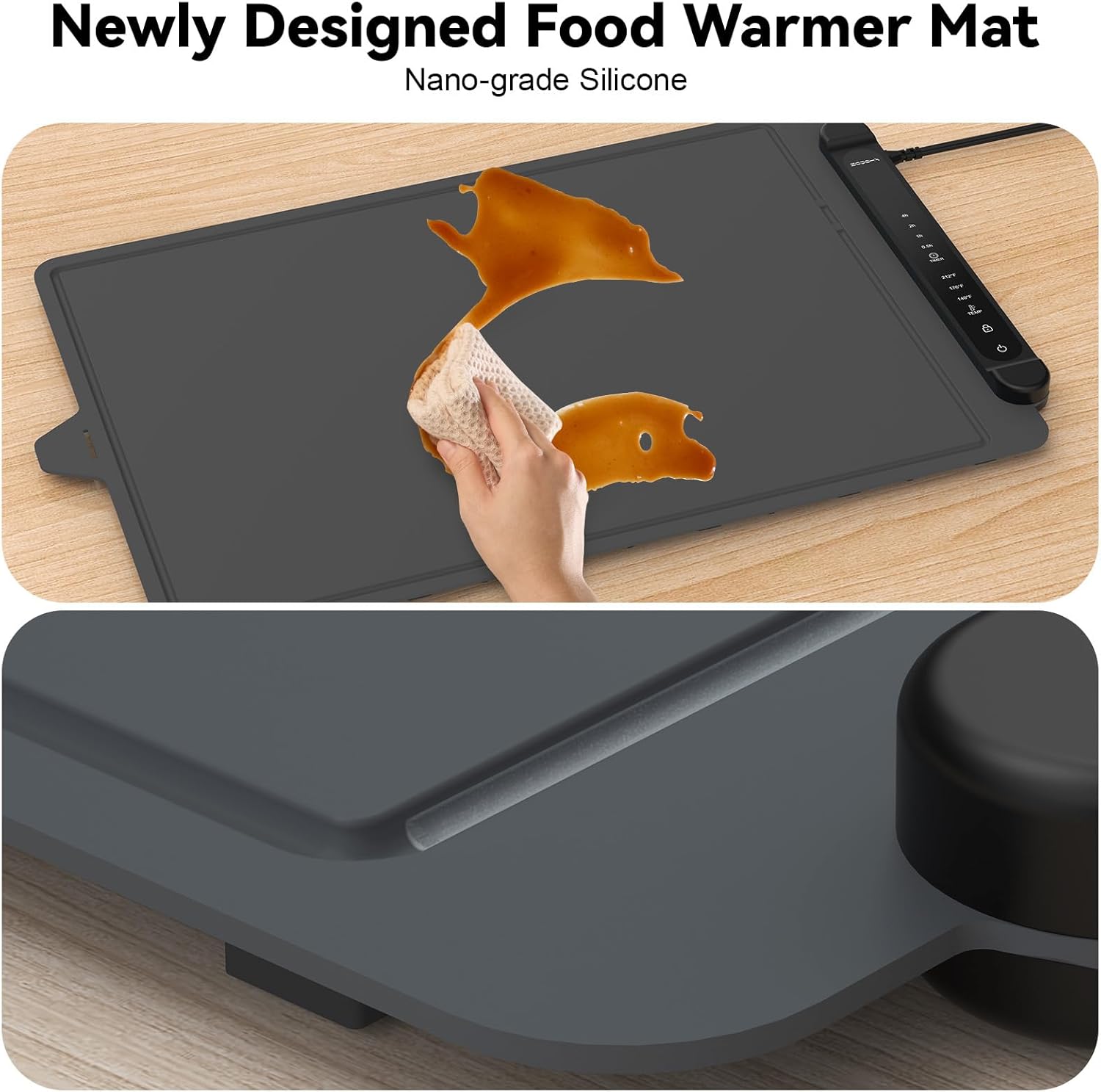 Food Warming Mat Electric Tray: Adjustable Silicone Heating Pad with 3 Temperature Settings 4 Timer Function Portable Roll Up Hot Plate for Buffets Party Gatherings Kitchen Countertop Black Gray