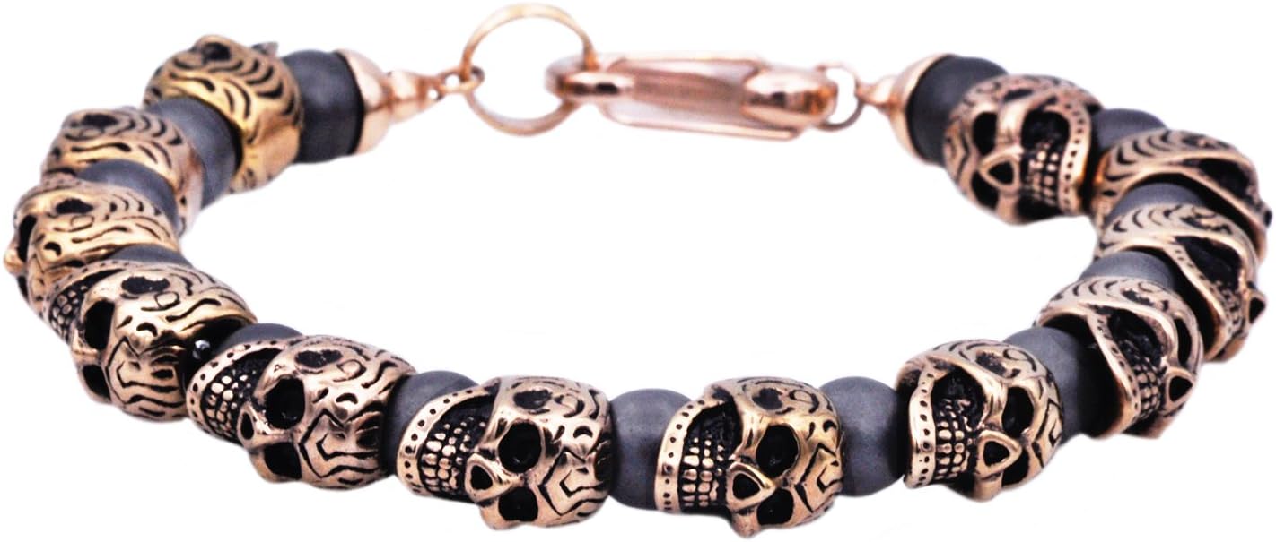 Blackjack Jewelry Men's Genuine Gemstone Stainless Steel Skeleton Skull Punk Beaded Hand Bracelet With Cuff Hook Clasp