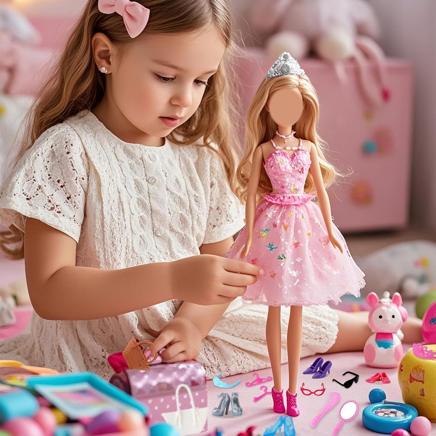 80 Pcs Doll Accessories Including 50 Pair of Doll Shoes High Heels, Boots, Sneakers 5 Headband 5 Glasses 10 Bag 6 Crown 2 Hangers Comb Mirrow for 11.5 inch Girl Dolls Birthday Present for Girls
