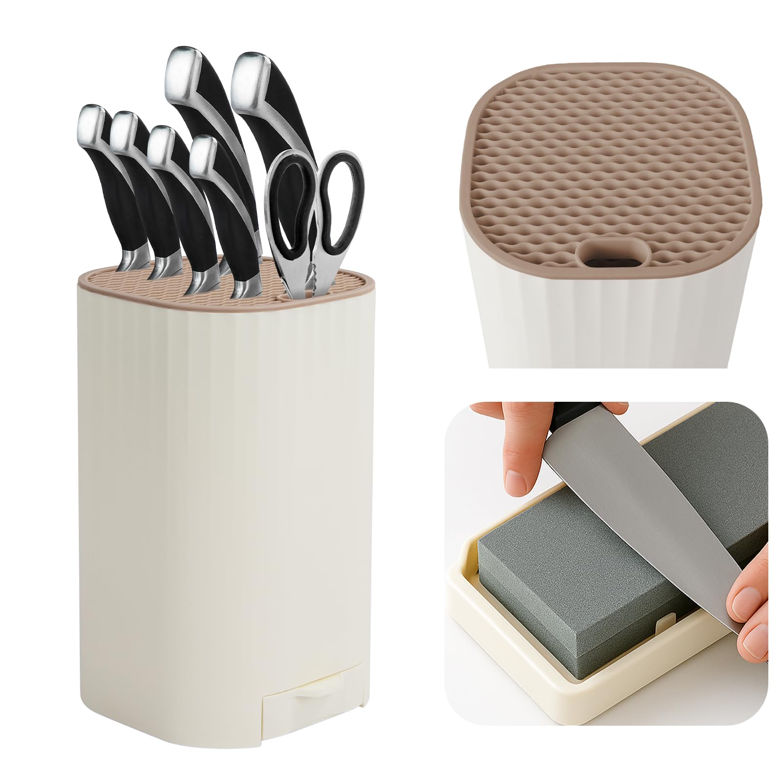 Knife Block Without Knives, Universal Knife Block with Sharpening Stone and Scissors Slot, Square Knives Storage to Space Saver, Detachable Kitchen Accessories Holder for Easy Cleaning, White