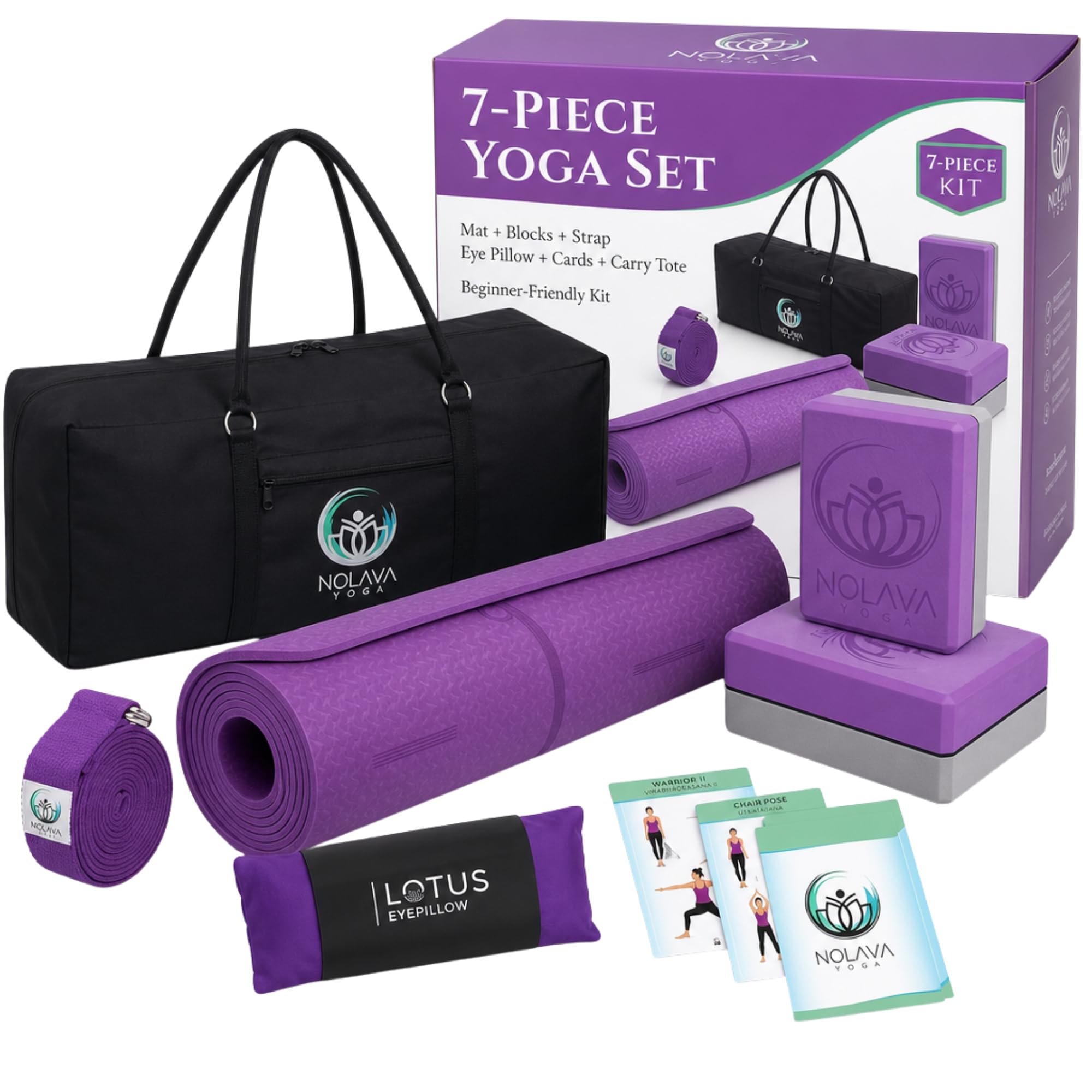 NOLAVA Yoga Mats & Complete Sets - TPE, Non-Slip, Eco-Friendly - Includes Mat, Blocks, Strap, & More (6pc or 7pc Sets) - For Pilates, Yoga & Fitness