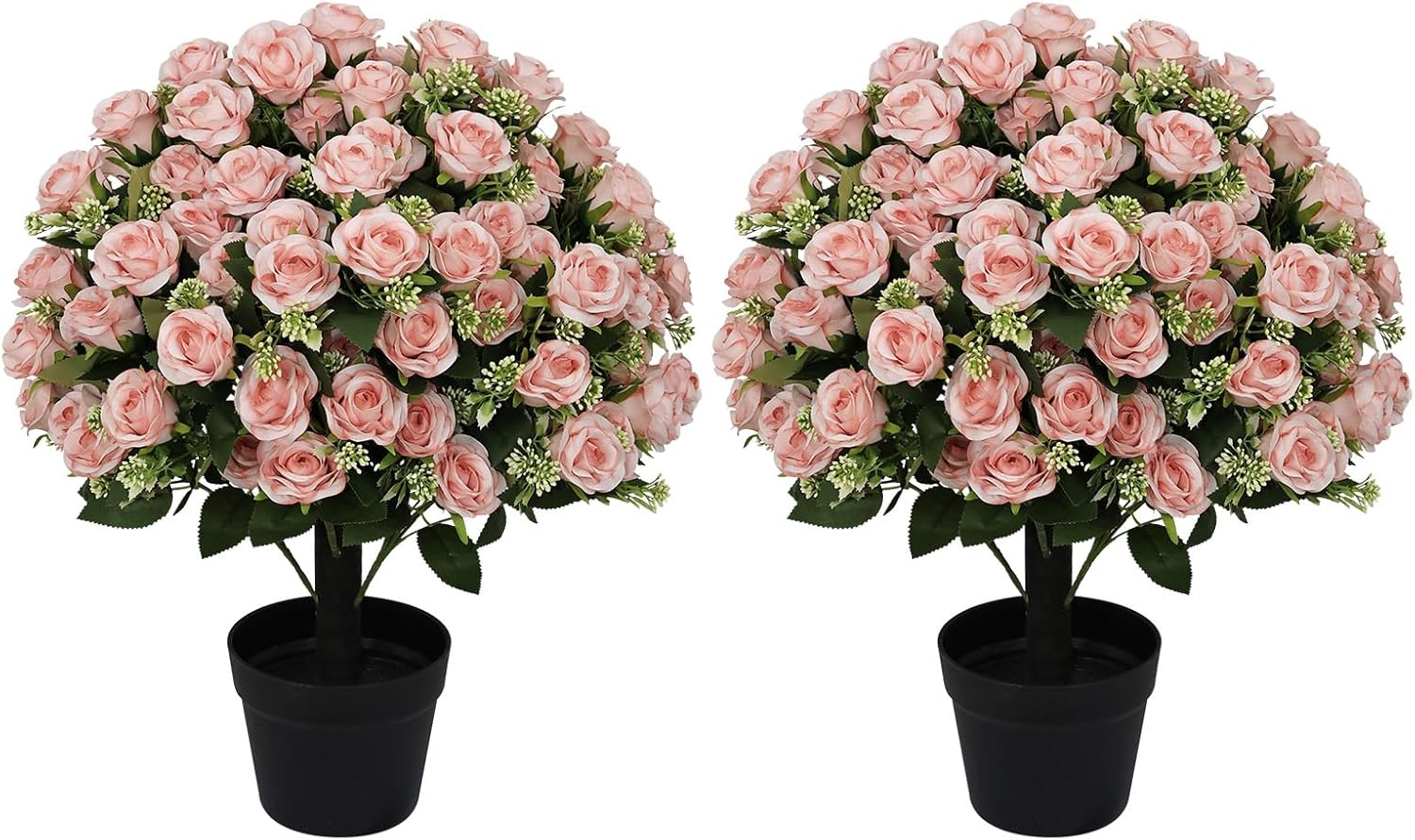 24” Artificial Flowers for Outdoors, Set of 2 Realistic Faux Pink Roses in Cement Pots, UV Resistant Fake Plants Look Real for Front Porch, Entryway & Indoor Spring Decor