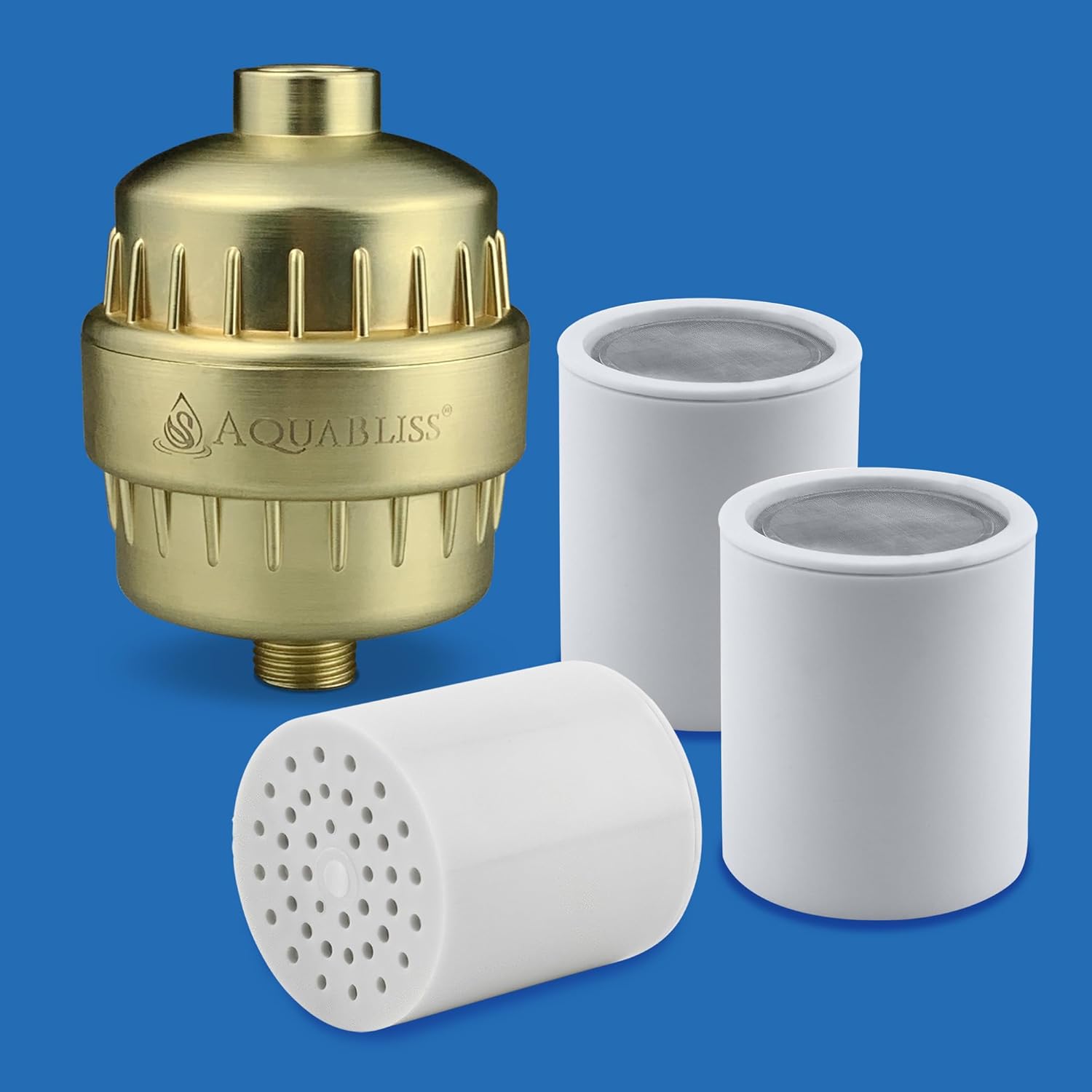 AquaBliss SF100-GD Revitalizing Shower Filter w/ 1 Replaceable Revitalizing Filter Cartridge Inside - Plus 3 Extra SFC100 Filter Cartridges (Exclusive Bundle)