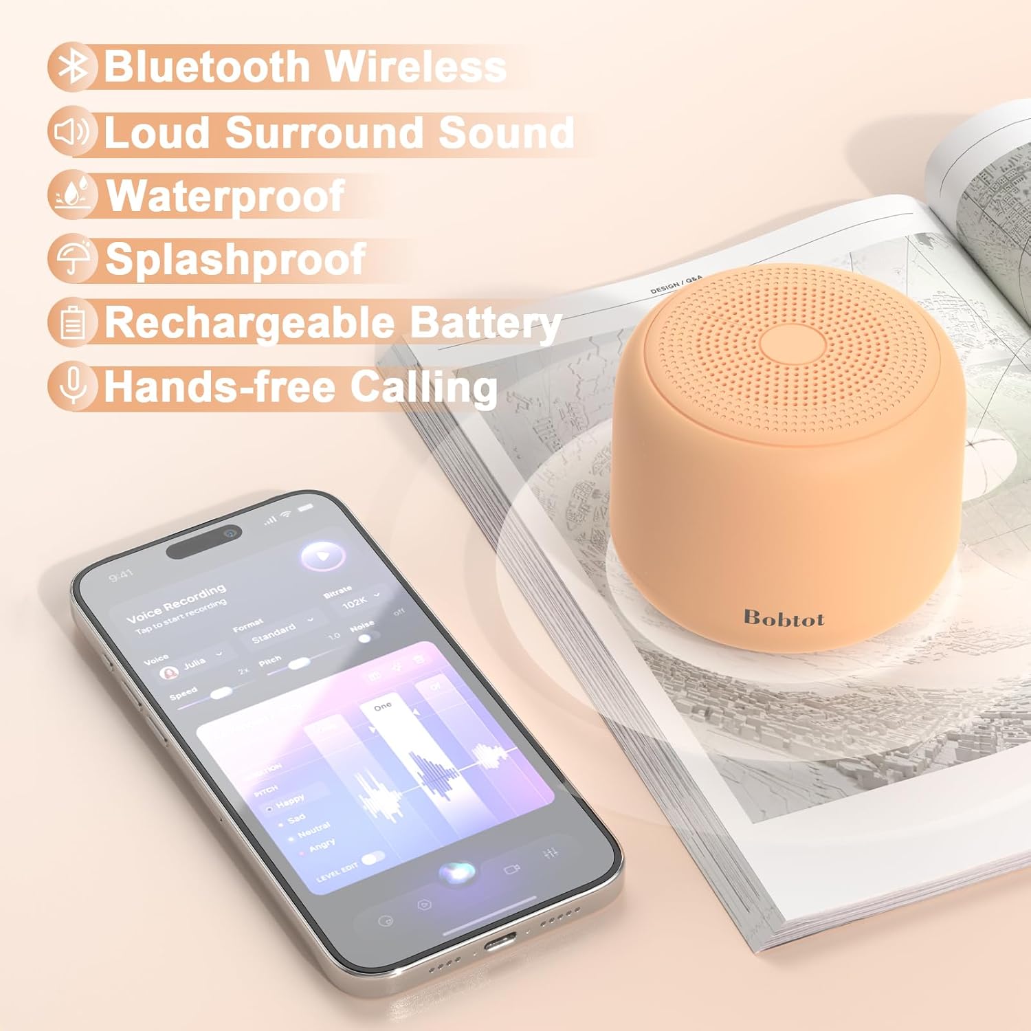 Bobtot Portable Bluetooth Speakers with Strap Easy to Carry, Wireless Waterproof Mini Speaker with Loud Stereo Sound, 20 Hours Playtime, Rechargeable Battery, Built-in Microphone, Orange