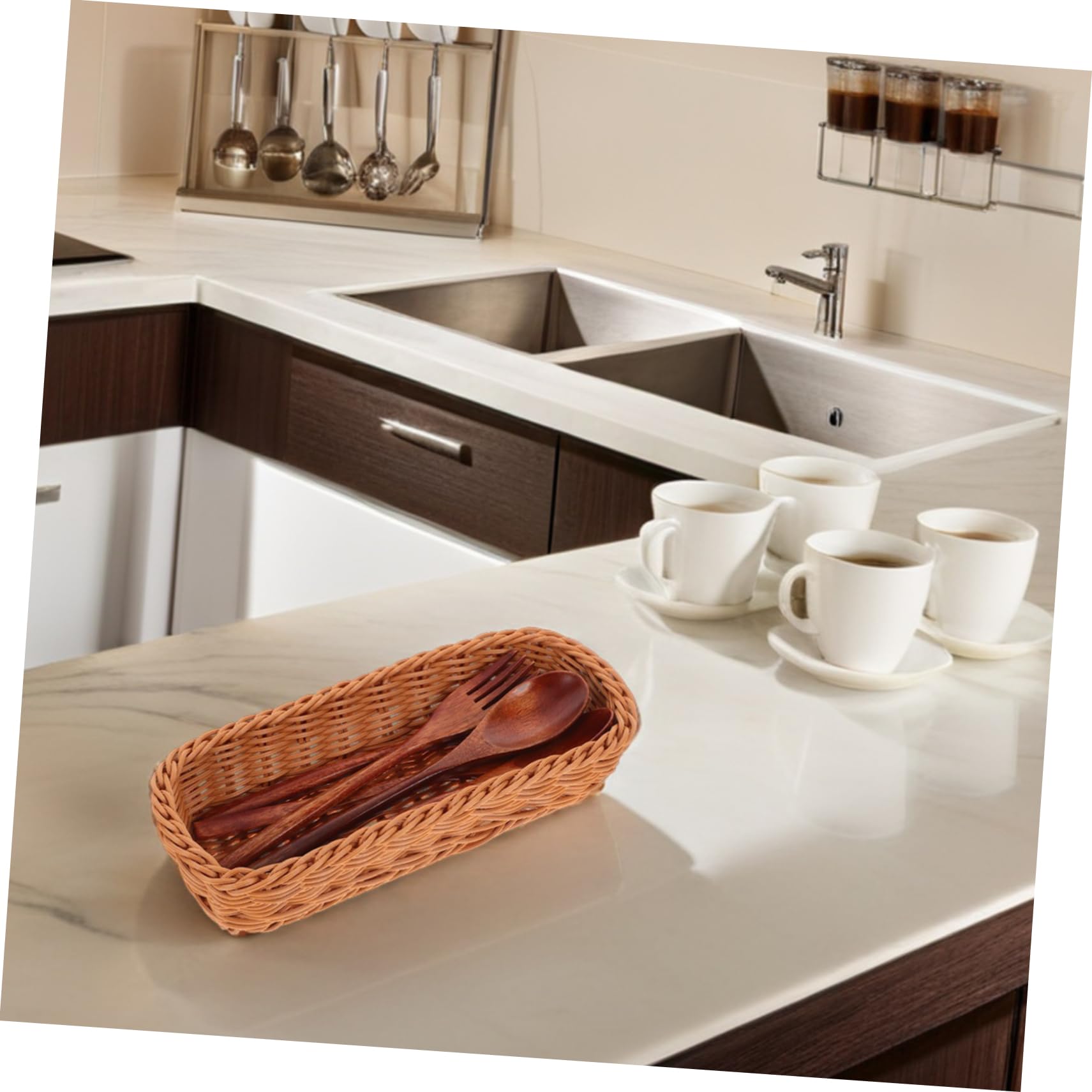 Cabilock Bandejas De Cubiertos Cesta Cubertería Contenedor Imitación Ratán Tejido Cesta Cubertería Almacenamiento para Cocina U Hogar Organizador Vajilla