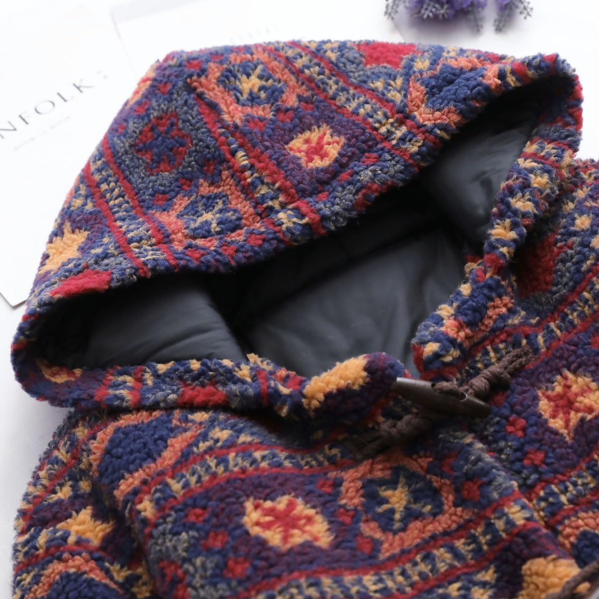 Women's Long Plush Fleece Hoodie Vintage Boho Oversized Sherpa Coat, Warm Winter Loungewear with Geometric Print - Image 6