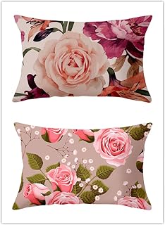 Juego de 2 Rosa Rosa Flor Funda de Cojín Rectangular Lino Suave Transpirable Cojín,Funda de Almohada Lumbar con Cremallera Invisible Decoracion para Sofá Cama Hogar Jardin Exterior 50x70cm