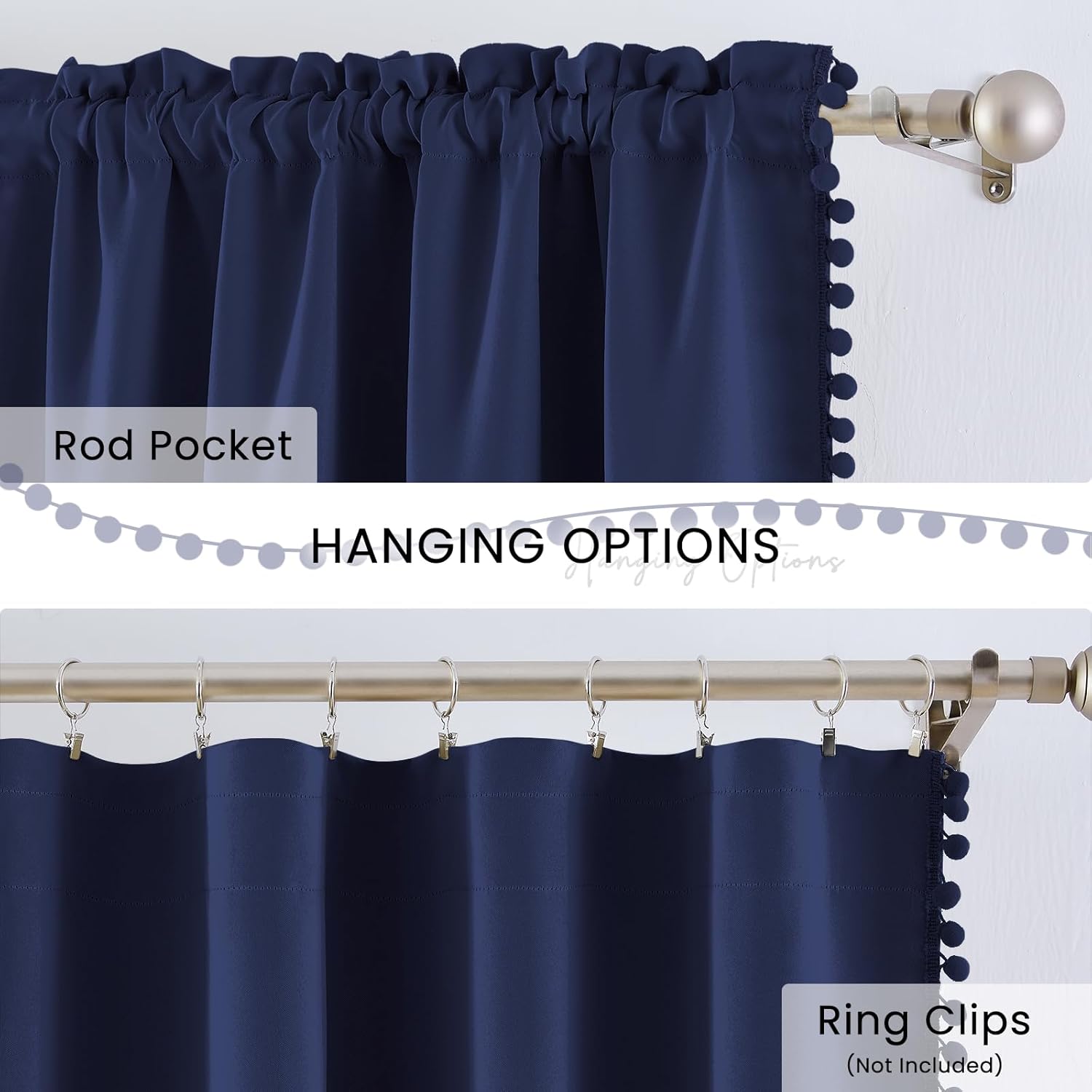 Melodieux Navy Blue Pom Pom Blackout Curtains for Living Room, Kids Bedroom Elegant Boho Curtains 2 Panels, Cotton Textured Light Blocking Window Drapes for Boys Girls Nursery Rod Pocket, 52"W x 96"L
