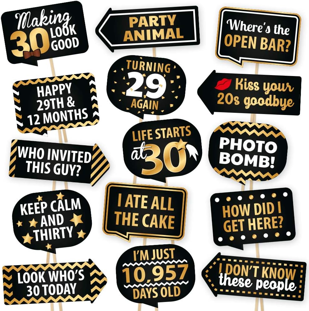 30th Birthday Photo Booth Props by PartyGraphix - European Made Black and Gold Dirty 30 Birthday Decorations - Easy to Assemble 30th Birthday Party Selfie Props Kit Includes 15 Pieces
