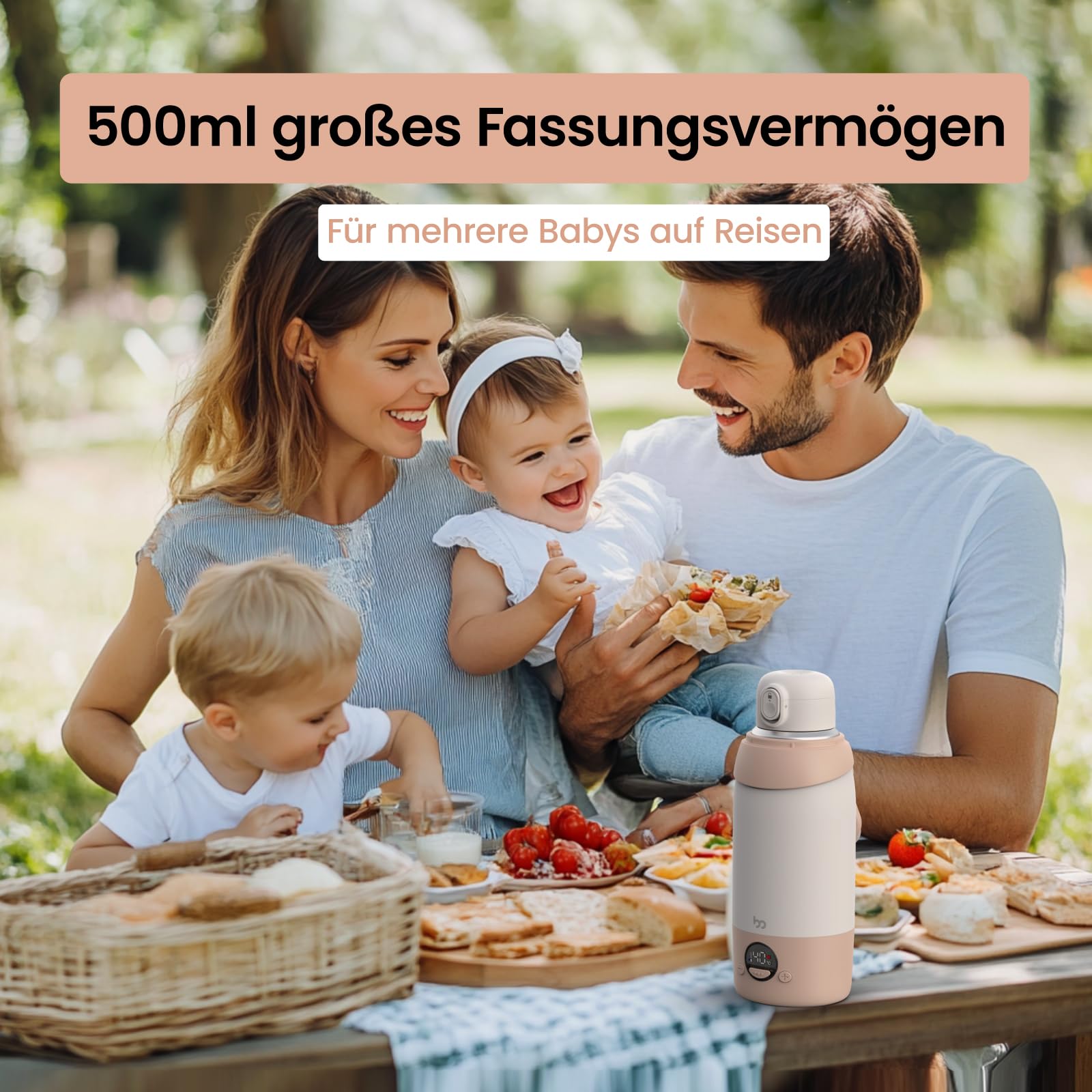Family Tragbarer Flaschenwärmer Baby Unterwegs mit 500ml Große Kapazität, Schnelle Erwärmung, USB-C & 36 W, Präzise Temperaturregelung bis 55°, für Muttermilch und Wasser