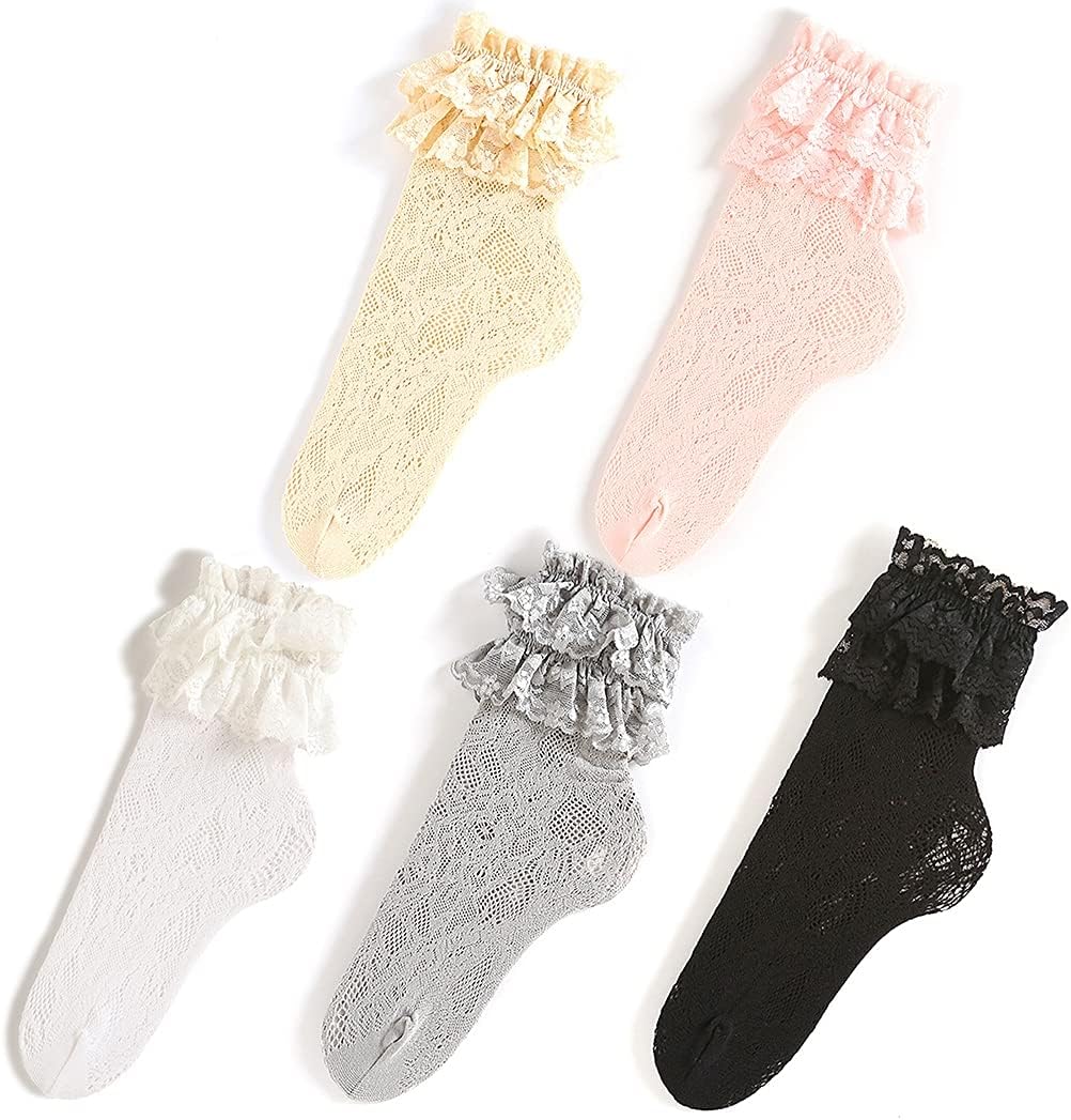 Lnrueg Ladies Girls Adults Woman Japanese Fashion Lovely Casual Lace Ruffle Socks Thin 5 Pairs Simple Cute Cozy Japanese Soft Cute Ankle Socks for Girl