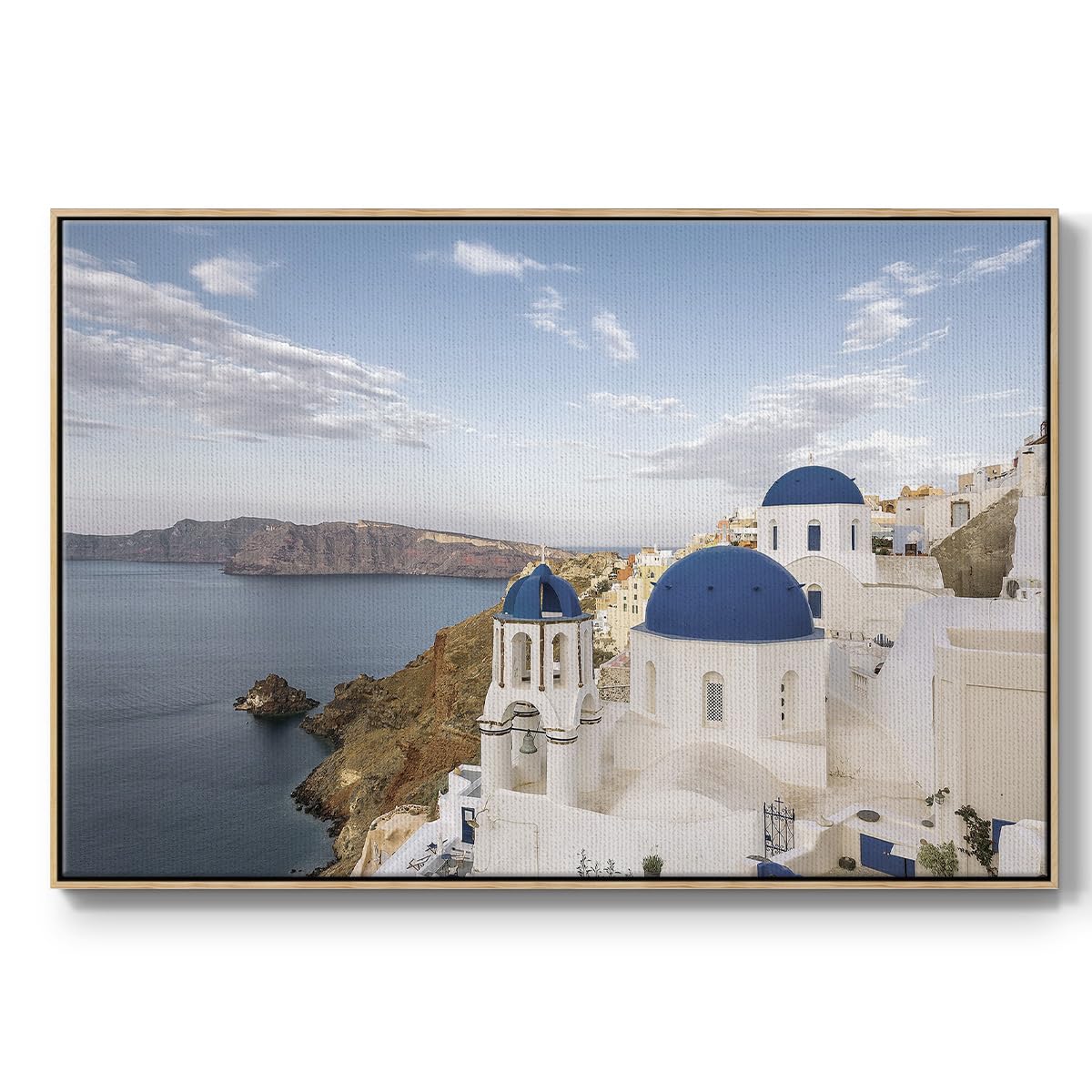Renditions Gallery Floater Framed Wall Art Pantings Oia Blue Domed Church Santorini View Canvas Artwork Decorations for Office Bedroom Kitchen - 17"X25" Natural Frame - GAL004