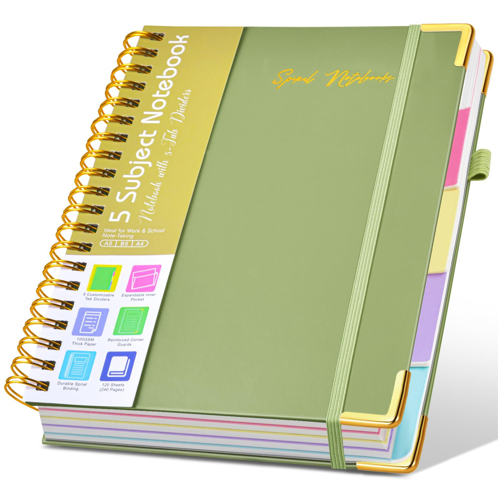 Hardcover Large Spiral Notebook with Removable Dividers Tabs A5 Green