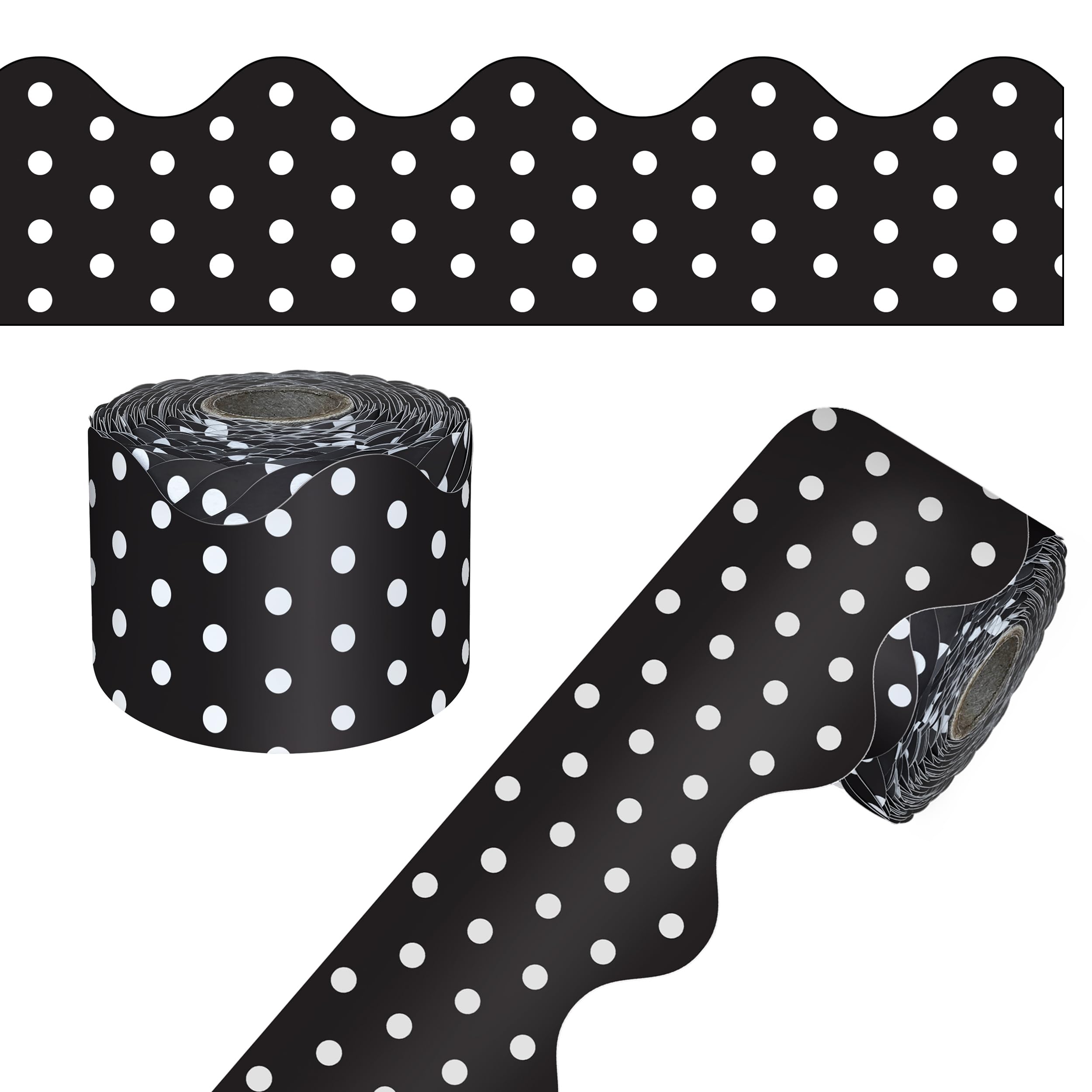 Carson Dellosa Education 65Ft of Black and White Bulletin Board Borders, 1 Roll of Scalloped Trim With Polka Dots for Rolling Whiteboard,Cork & Posterboard, Party, Office Decorations & Classroom Decor