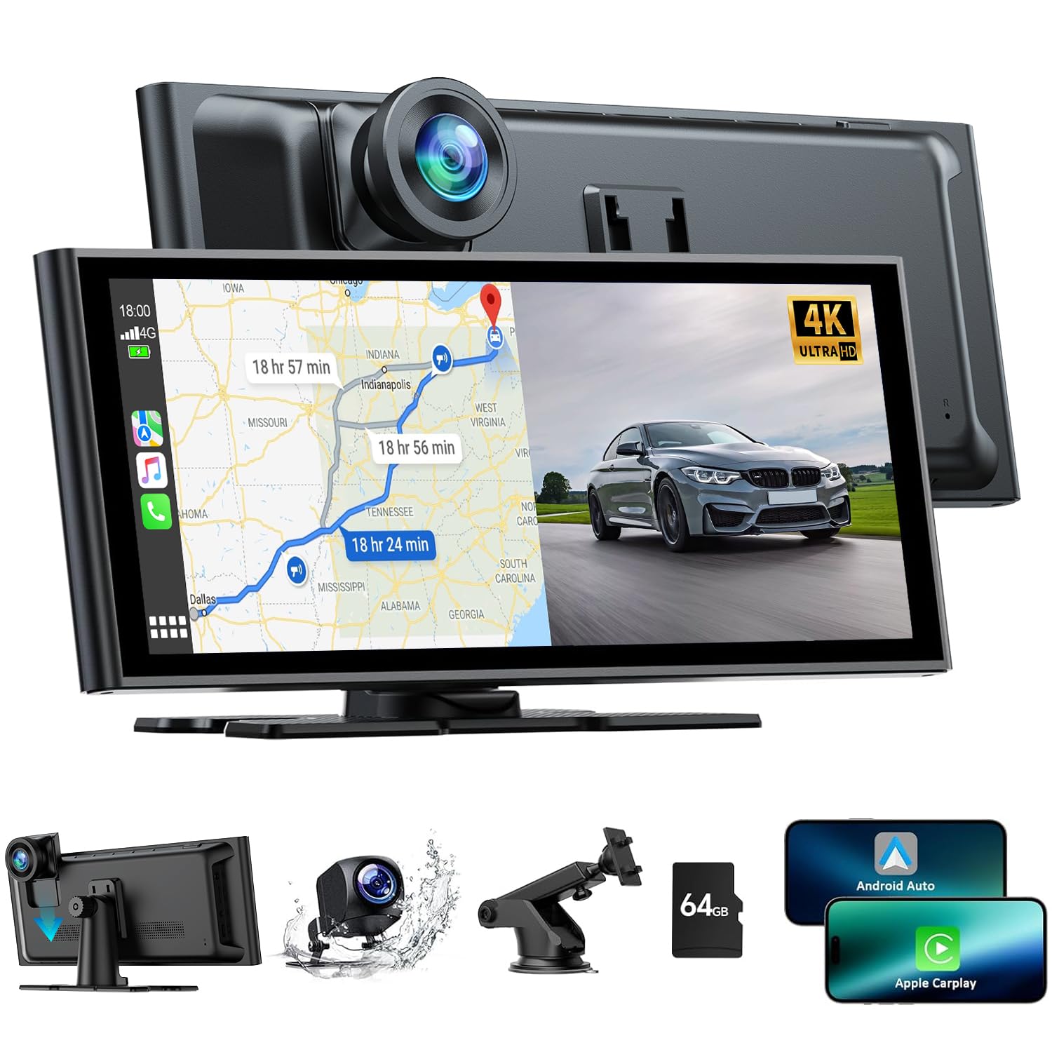 Volam 9.26 Pulgadas Inalámbrico Radio Coche con A-pple CarPlay y Android Auto, Pantalla Coche con Dashcam Frontal 4K Cámara, Cámara Trasera 1080P,Bluetooth,Mirror Link, Navegación,Siri,G-oogle,SD-64GB