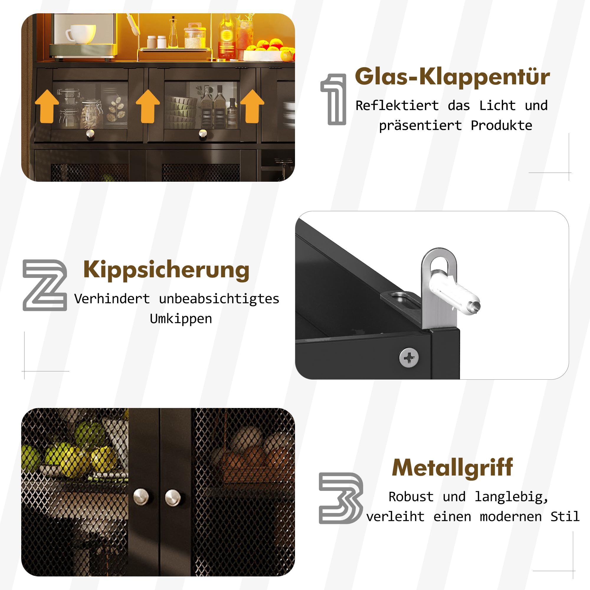 Armario de cocina con amplia encimera, armario buffet con iluminación LED, puerto USB, armario alto de cocina con puertas de cristal, espacio de almacenamiento, armario alto para comedor, sala