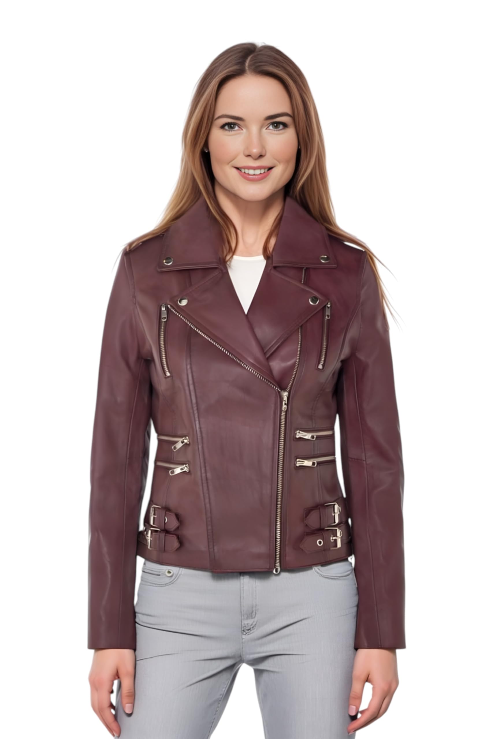 Ladies Leather Biker Burgundy Real Lamb Nappa Vintage Gothic Buckle Jacket