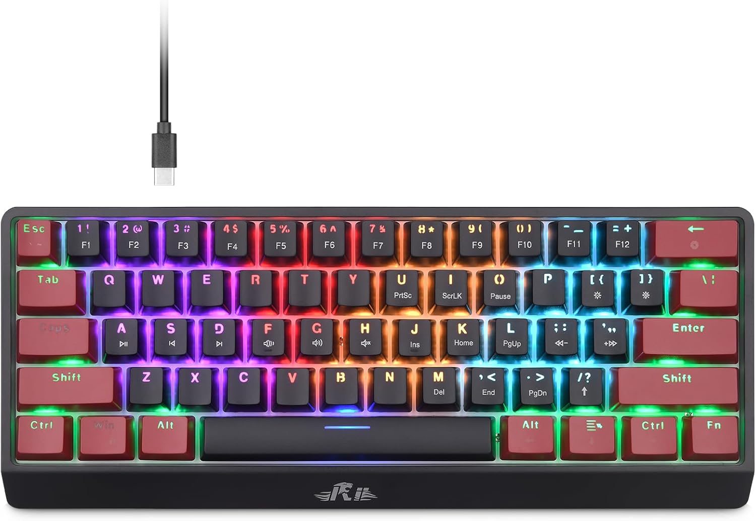 Rii RK806 60% Mechanical Gaming Keyboard,61 Keys Compact Wired Keyboard with RGB Backlight,Clicky Blue Switch,Anti-ghosting,for Windows Laptop PC Mac(Black&Red)