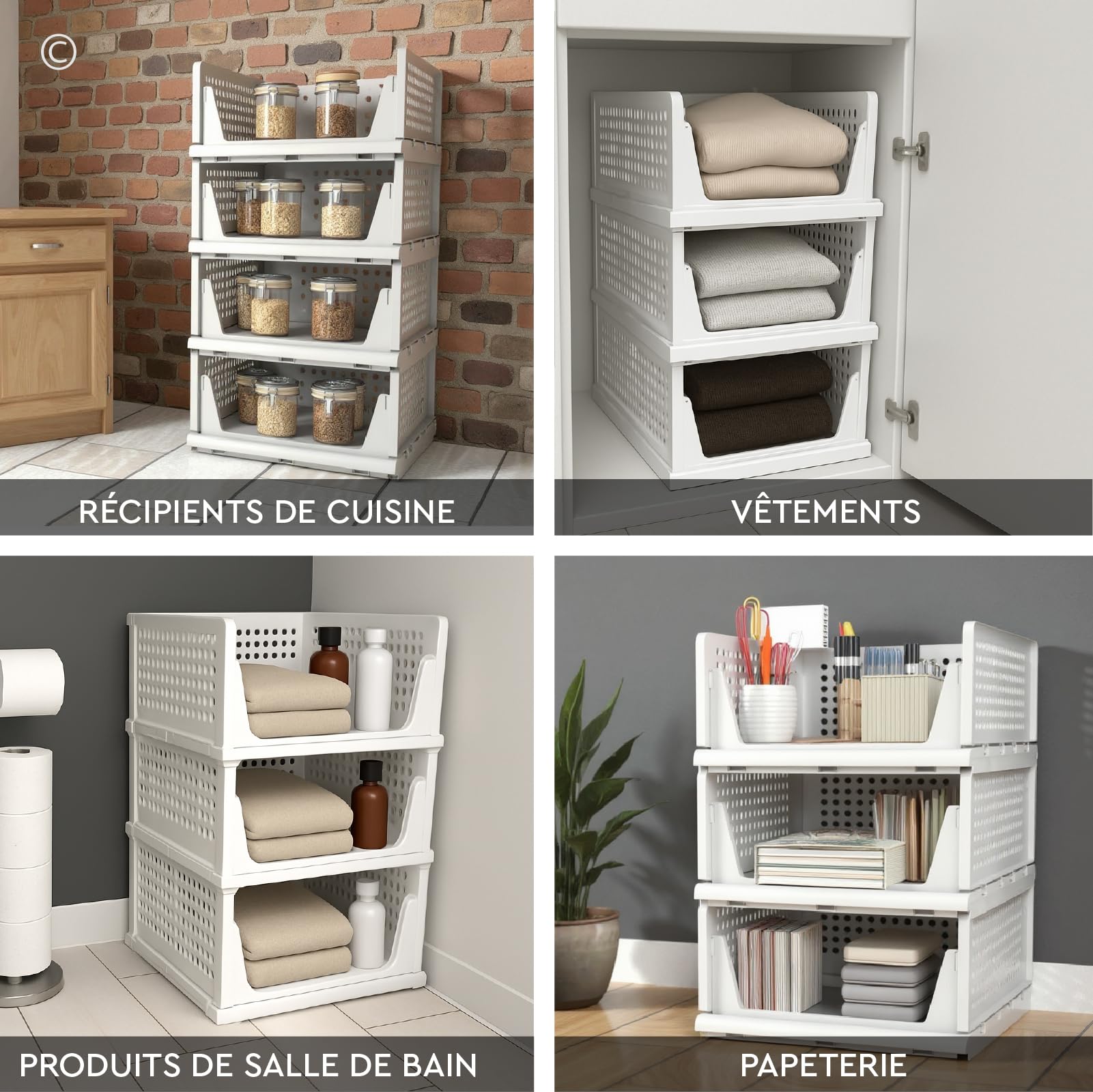 Tiroirs Rangement Empilable Pliant Bac Plastique Blanc 32,5x42,5x18,5cm Maison Cuisine Bain Bureau