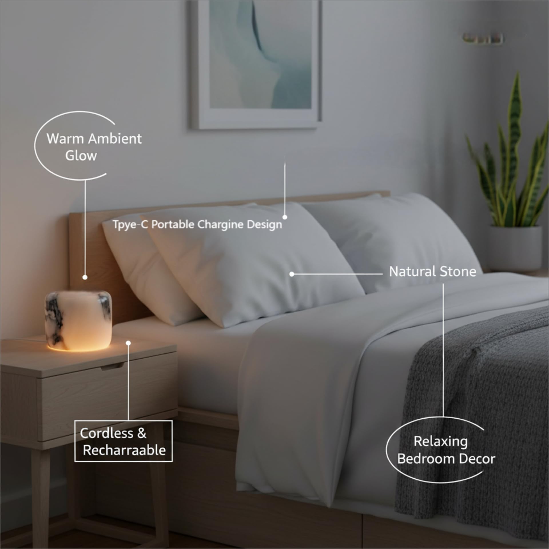 Marble Lamp Night Light Touch Bedside Table Lamp for Bedroom,Type-C Rechargeable Small Desk Bedside Small Lamps,Eye Caring Dimmable LED Ambient lamp (Calacatta Green) — view 8