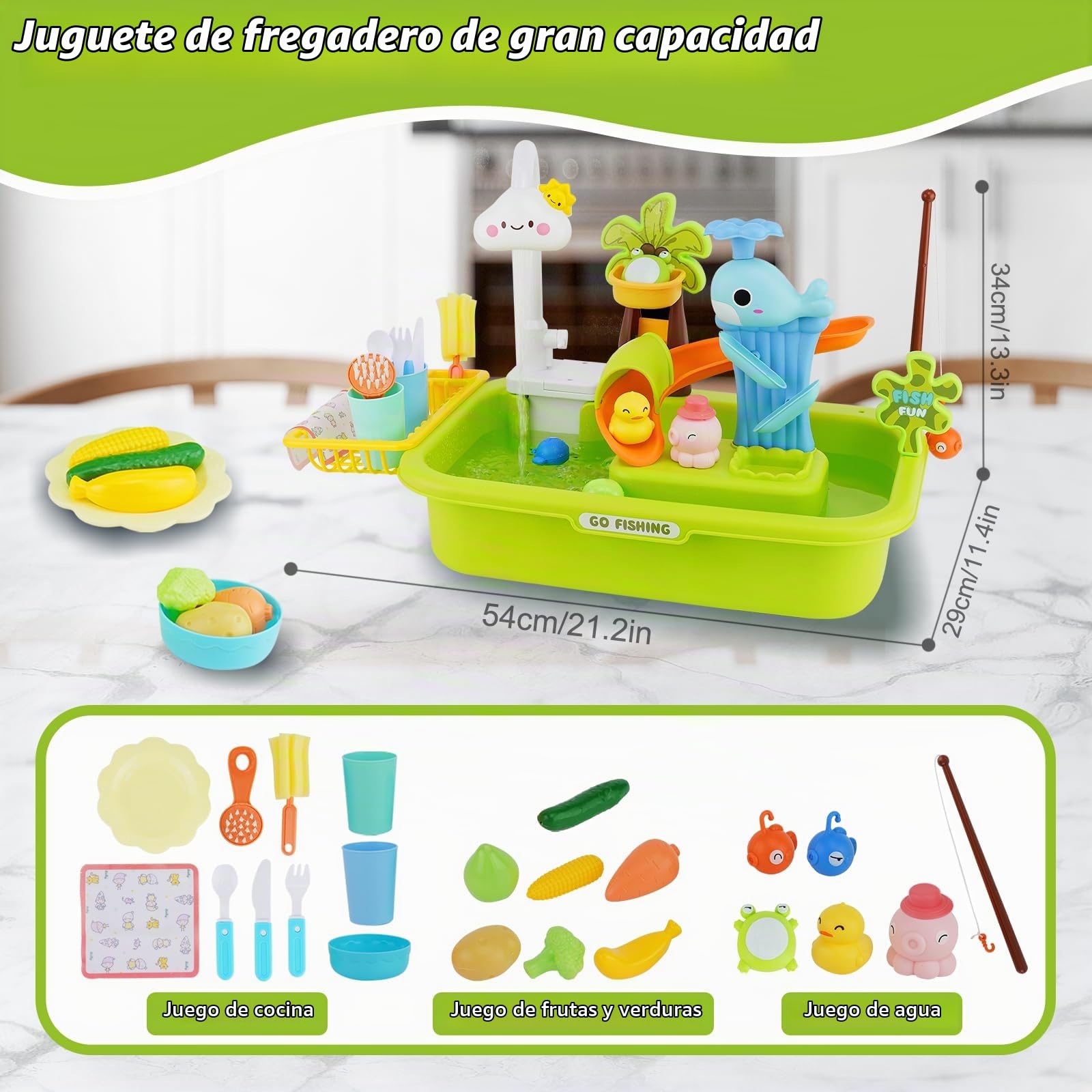 Juguetes de Cocina,Fregadero Juguete con Agua,Cozinha Criança,Juguetes de Pesca Flotantes,Circulación Automática del Agua, Accesorios de Cocina Juguetes, Regalo para niños 3+ (Verde)