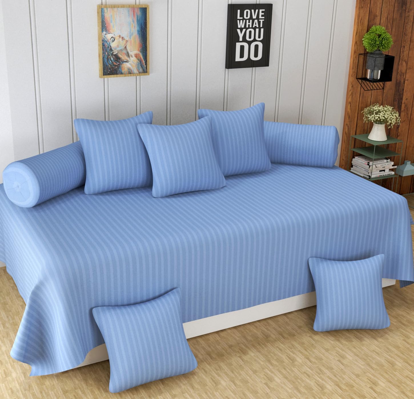Aqua Blue Stripped Diwan Set of 8 Pieces - 1 Single Bedsheet (60 X 90 Inches), 5 Cushion Covers (16x 16 inches) and 2 Booster Covers (16X 32 Inches) (8 PCS Set)-image-31