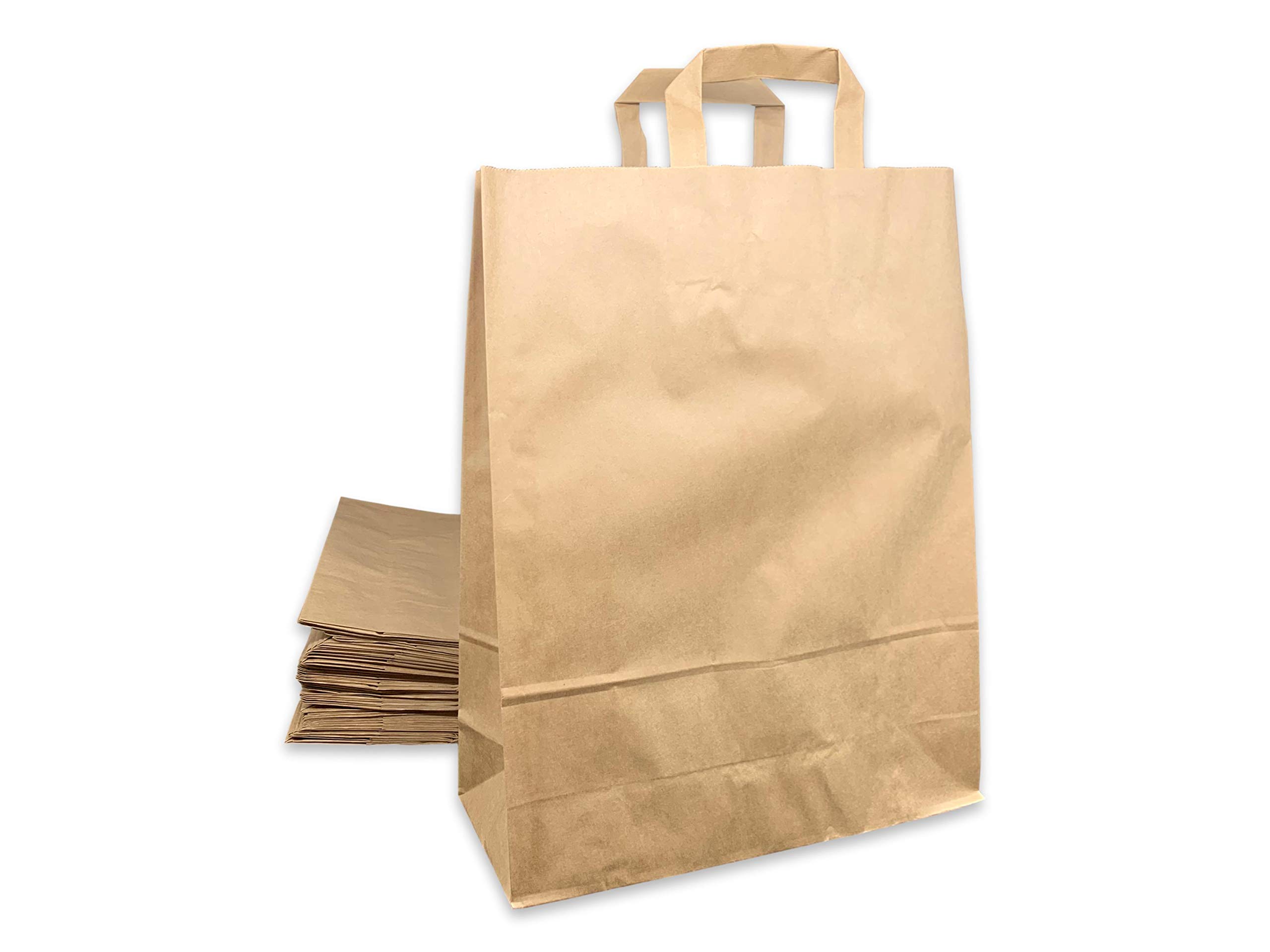 Sac Papier 100 Pièces - Poignée Renforcée Marron 16 Litres - 40 cm Haut x 32 Large x 12 cm Soufflet - Cabas Boutique Solide Résistant pour Vente à Emporter, Magasin, Commerce, Cadeau et Emballage