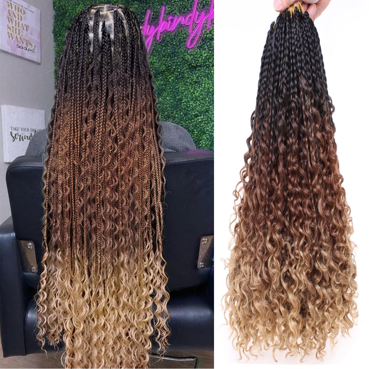 COOKOO 30 Inch Boho Box Braids 8 Packs Goddess Box Braids Crochet Hair Hippie Braiding Hair With Curly Ends Pre-looped Synthetic Crochet Hair for