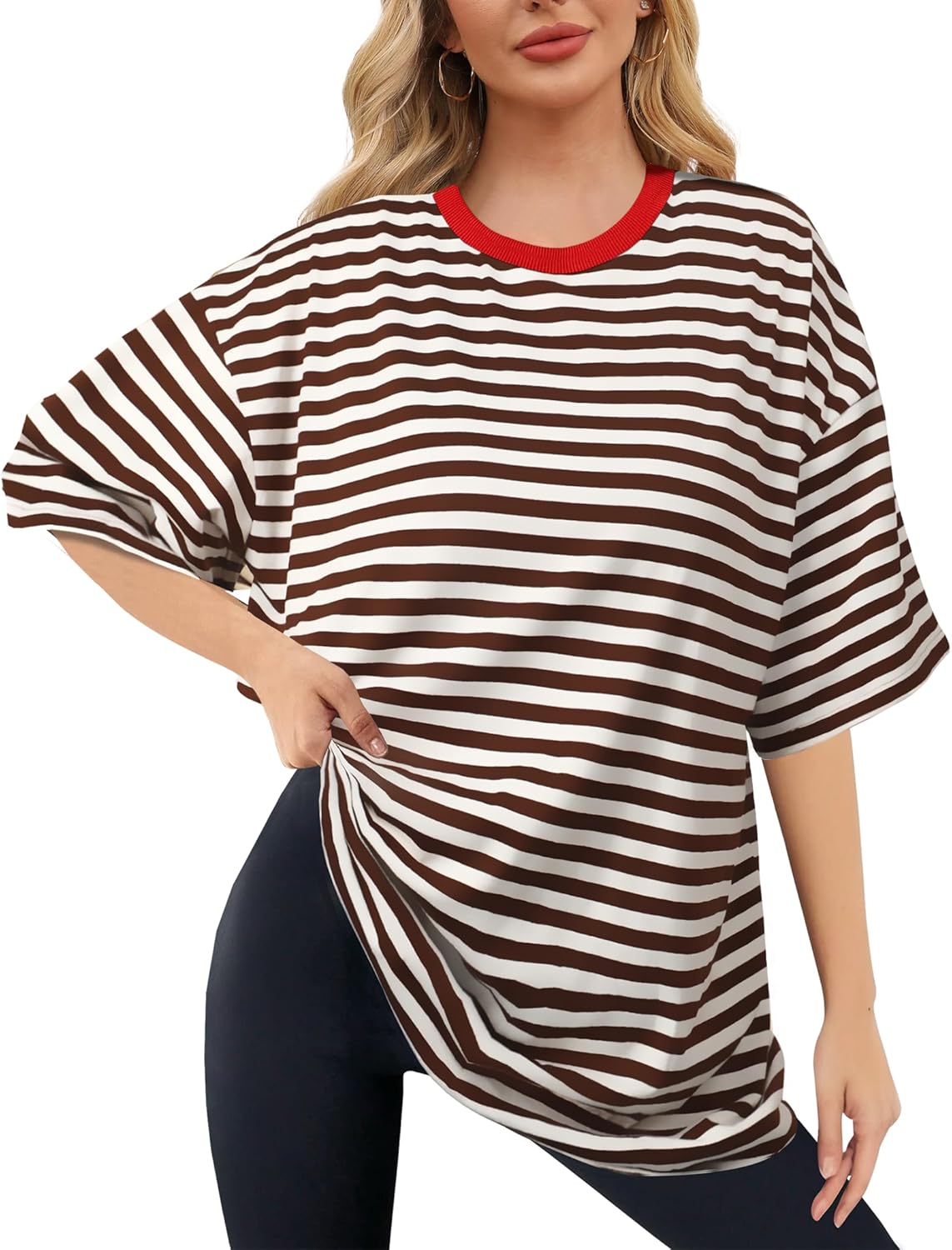 Buauty Womens Oversized Striped T Shirts, Color Block Tee Loose Fit Crew Neck Short Sleeve Tops Casual Summer Y2K 2024 Trendy
