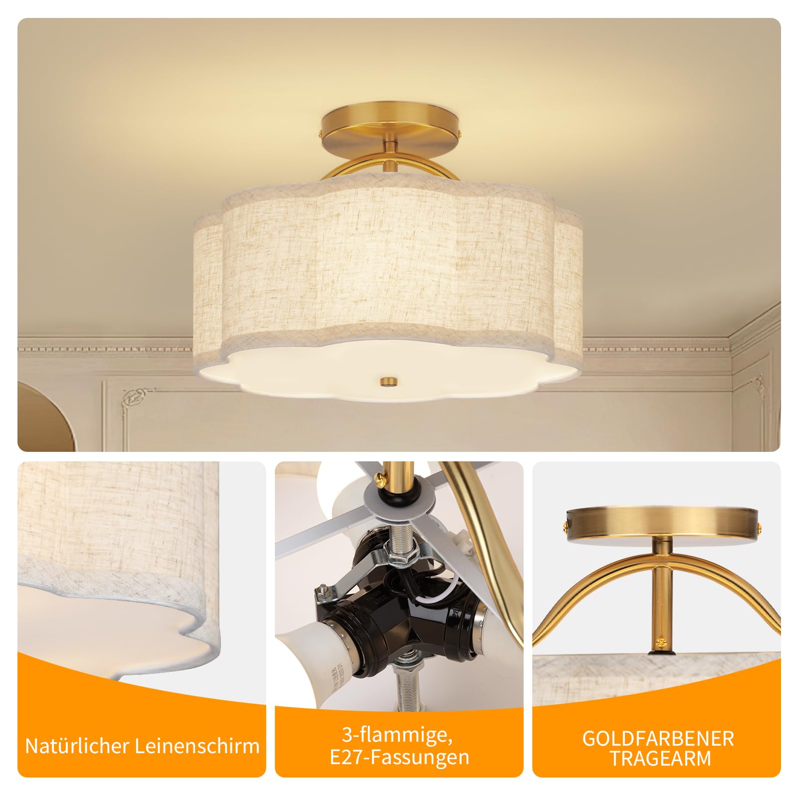 CALOKES Deckenleuchte, 3-flammig, Ø 30 cm – Elegante Blütenform mit beigem Leinenschirm & goldenem Arm. Ideal für Schlafzimmer, Küche, Wohnzimmer, Flur oder Eingangsbereich