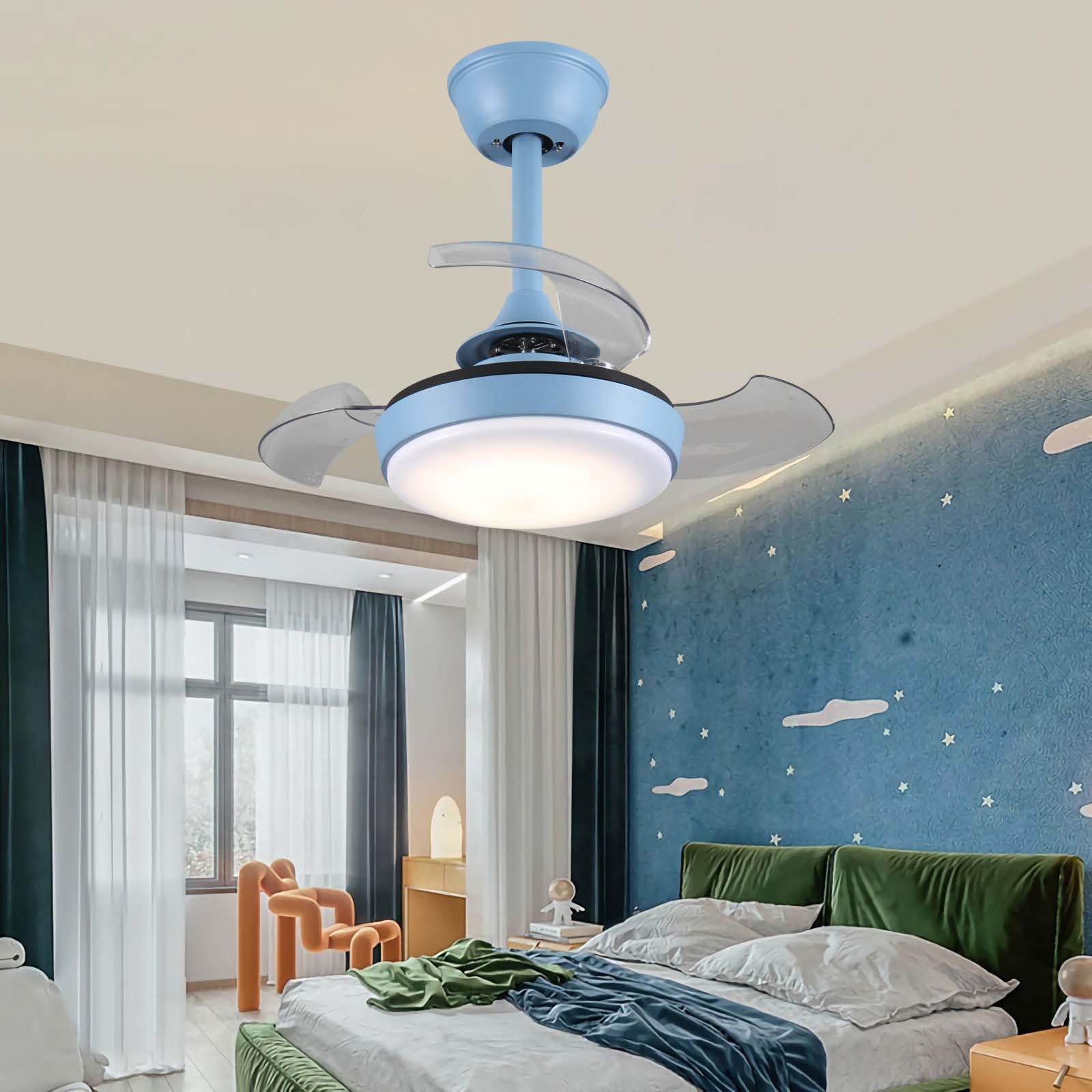 70CM Infantil Ventilador De Techo Con Luz Y Mando A Distancia - Aspas Retráctiles Modernas, 6 Velocidades Ventiladores Para El Techo Con Lámpara Para Habitación Niños/Salón-Blue