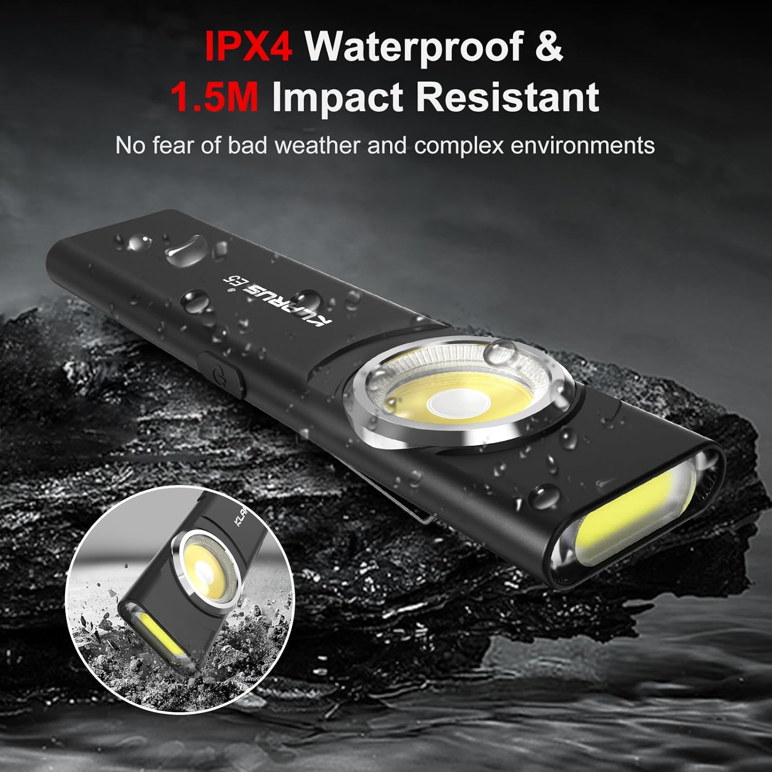 klarus E5 Pocket Flashlight, Rechargeable EDC Flashlight, Super Slim 4.2x1x0.3inch, 600 Lumens, USB-C Port, IPX4, Dual Light Source with Magnetic Base, Hat & Clothes Clip - Black - Image 8