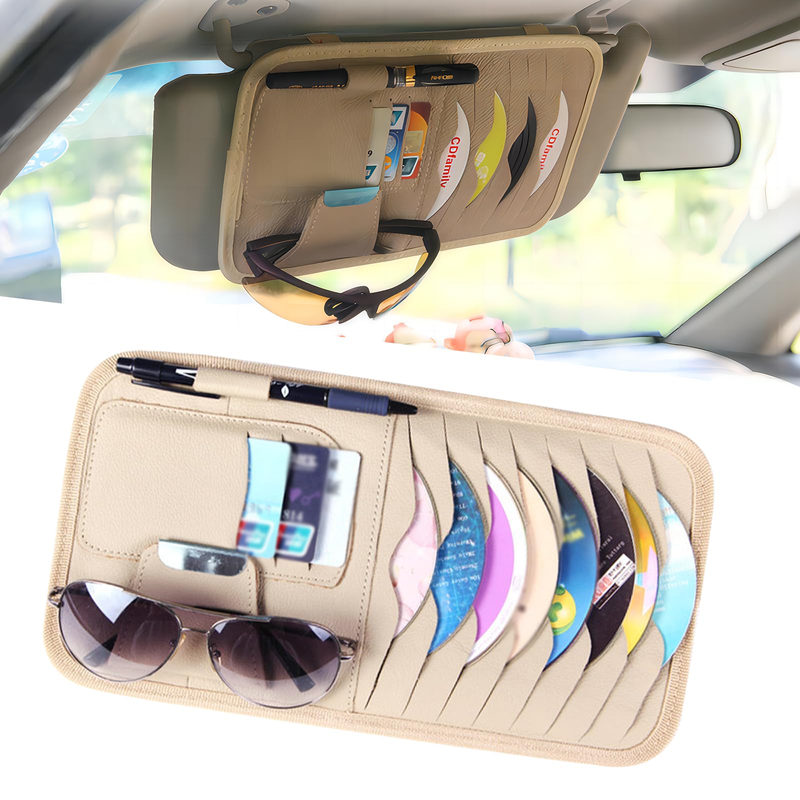 Pack-1 Car Visor CD Storage Pocket, Large Capacity Leather Vehicle Sunglasses Holder, Universal Waterproof Durable Automotive Bank Card Storage Accessories for Truck SUV Car (Beige)