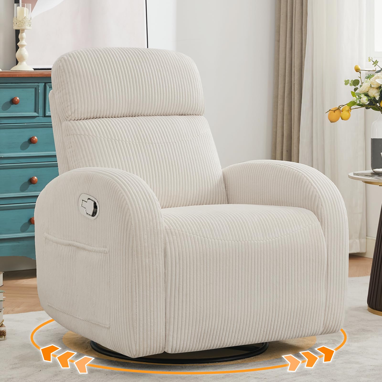 AEMEIOS Swivel Recliner Rocker Nursery, Nursering Glider Recliner, Manual Swivel Rocking Reclining with Double Pockets for Living Room, Corduroy Cream