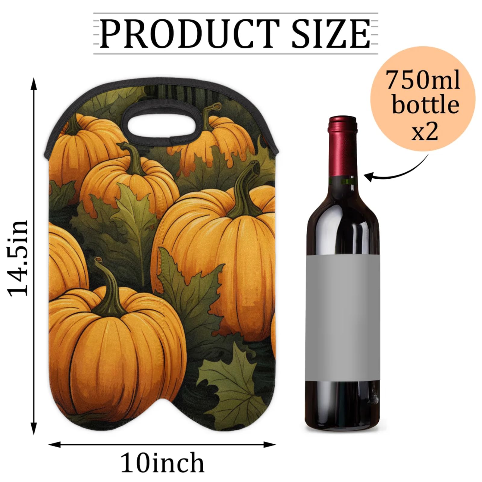GzLeyigou 2 Bottles Autumn Pumpkins Wine Bag Sleeve Totes Neoprene Protective Wine Carrier Bag for Wine,Water, Champagne, Beer, Baby Bottles,Gift 14.5 x 10 Inches