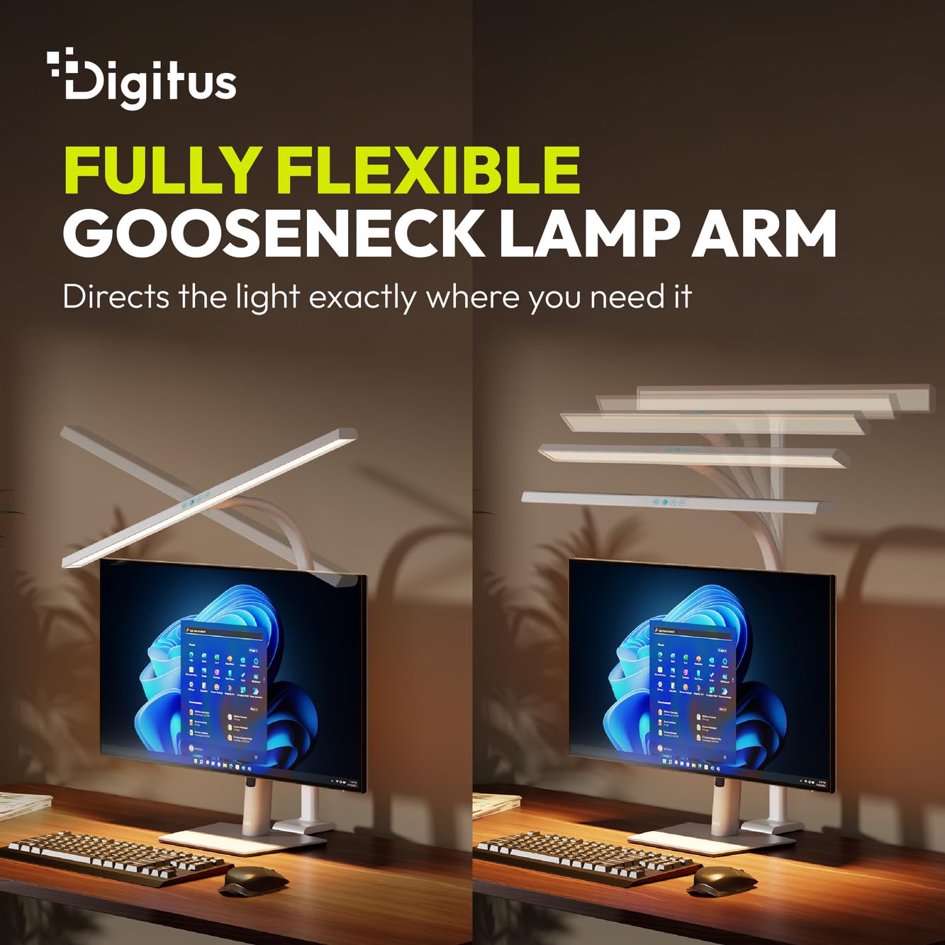 Digitus Lampada da scrivania a LED – 2400 lumen – 80 cm di larghezza – 16 W | 1000 lux – Temperatura di colore a 4 livelli – Regolabile – Comando touch – Braccio flessibile – Base a morsetto – Bianco