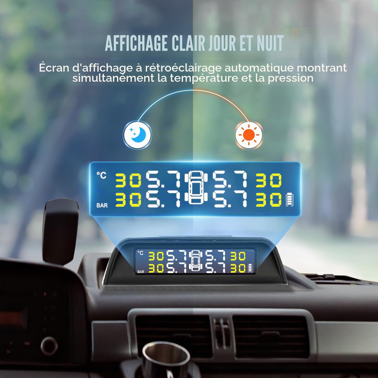 VEVOR TPMS avec 6 Capteurs, Système de Surveillance de la Pression des Pneus 0,5-8 Bars, Système d'Alarme de Voiture sans Fil Universel, Affichage en Temps Réel, 5 Modes d'Alarme, avec Charge Solaire