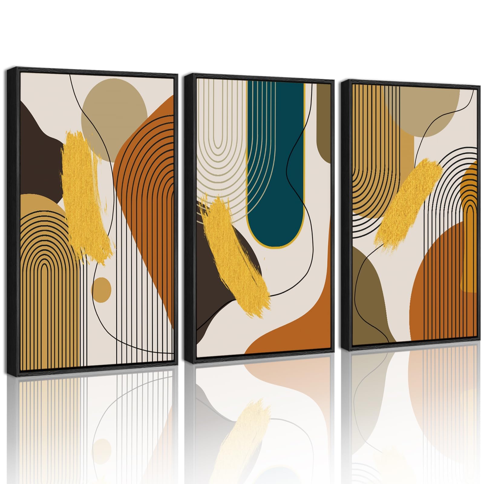 PHOPAGO 16x24in Large Boho Abstract Framed Wall Art Modern Minimalist Luxury Gold Line Artwork Kitchen Dining Room Decor Black Framed