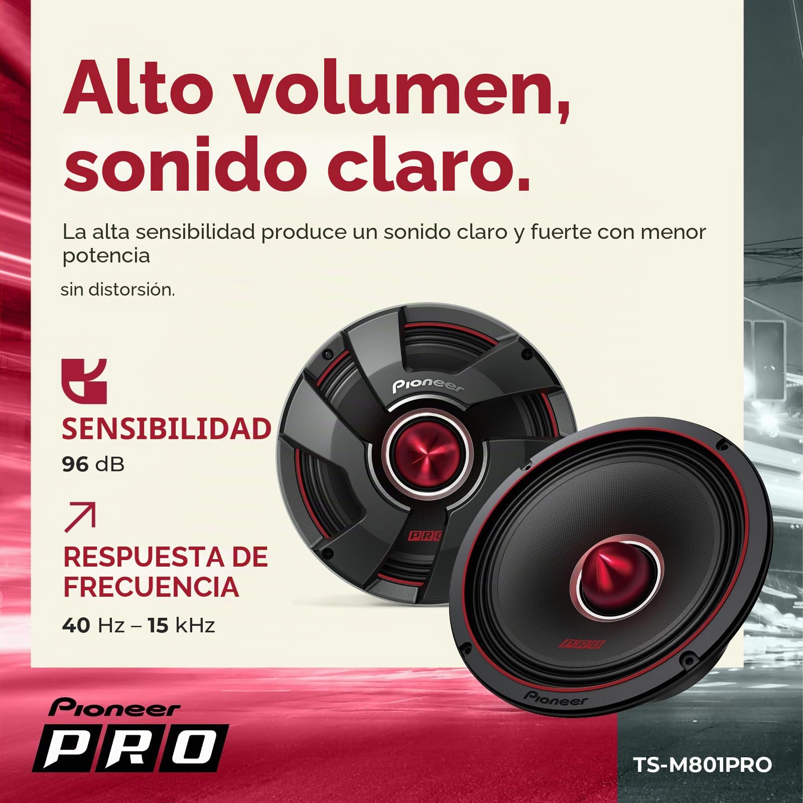 PIONEER TS-M801PRO P.R.O. Series 8 Pulgadas 700 W Potencia máxima, Cono de Pulpa mezclada, Controlador de Graves Medios de Alta eficiencia - Altavoz componente Serie Pro (par) | Perfecto para construcciones de alto nivel SPL y audio de coche de nivel prof