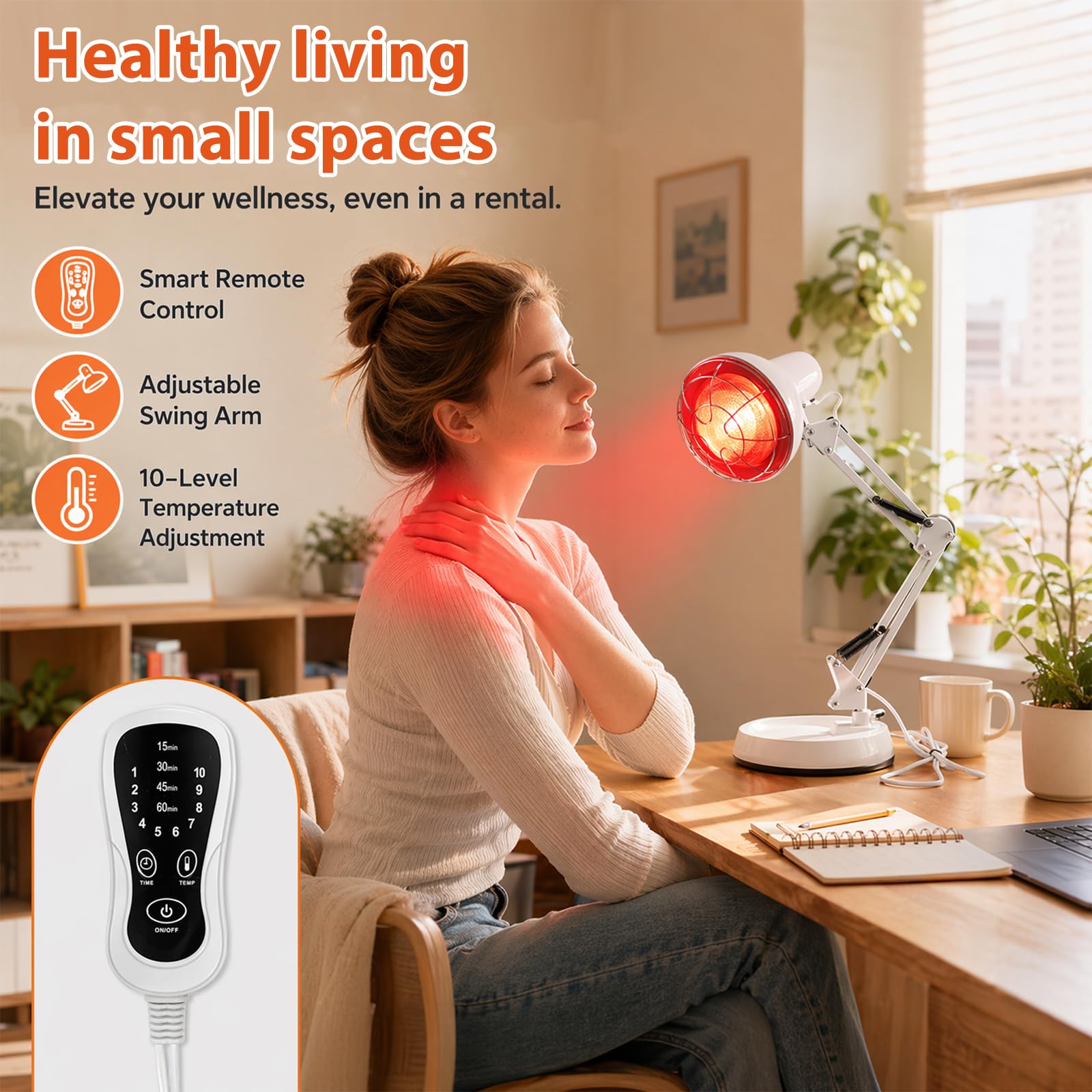 Infrarotlampe 150W mit Timer, Rotlichtlampe Wärmelampe | 10 Temperaturstufen, verstellbarer Hals & Ständer, Infrarotlichtlampe für Zuhause, Wärme & Entspannung