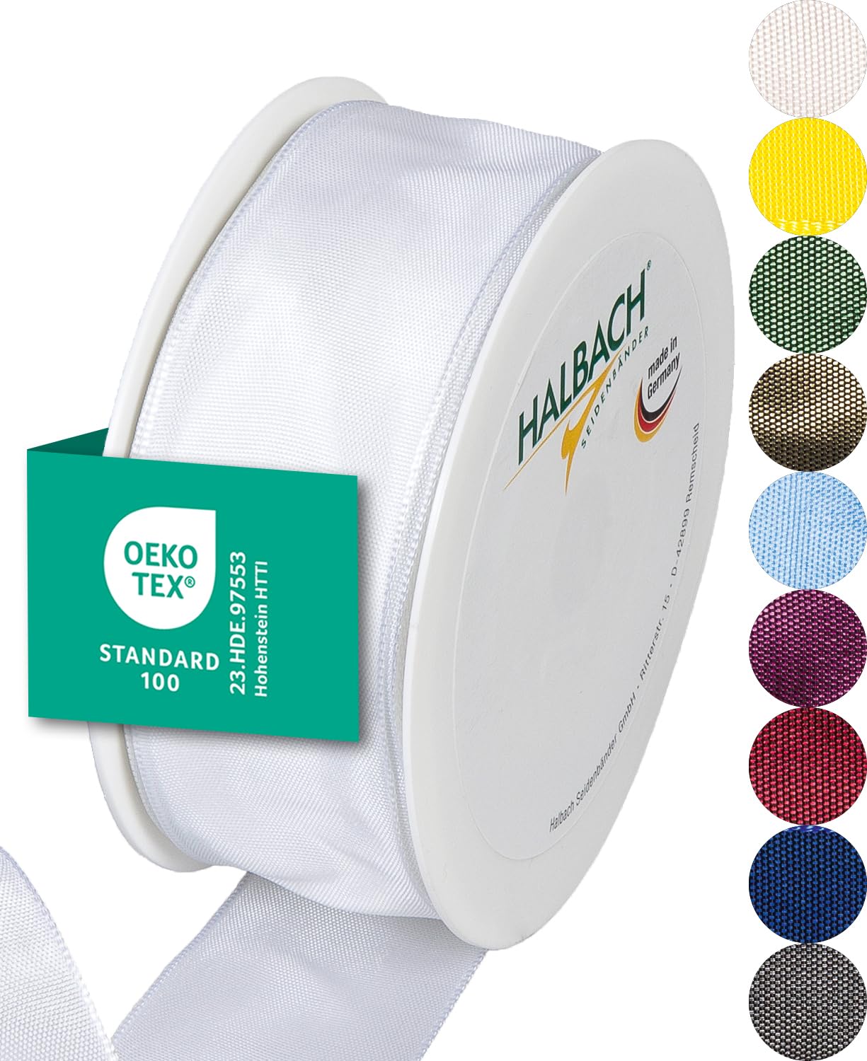 Halbach Seidenbänder Premium Geschenkband mit Drahtkante | Breite 40mm Länge 25m | Öko-Tex 100 zertifiziertes Schleifenband | Taftband Made in Germany, Farbe: weiß