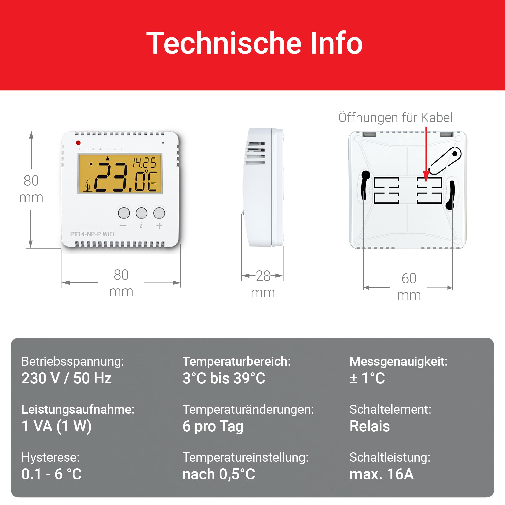 ELEKTROBOCK PT14-NP-P WiFi – inteligentny termostat pokojowy WLAN 230 V – sterowanie ogrzewaniem za pomocą aplikacji – montaż natynkowy – 16 A bez potencjałów – regulowane programy tygodniowe i