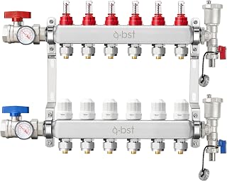 ABST PEX Manifold,6 Loop Stainless Steel Floor Radiant Heat Manifold Kit with 1/2" Adapters Included for Hydronic Radiant Floor Heating