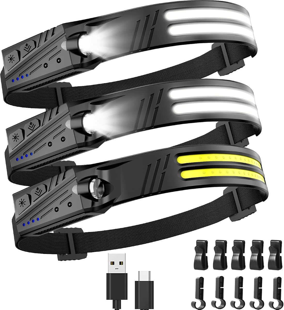 Linterna frontal, paquete de 3 lámparas frontales superbrillantes de 2000 lúmenes, haz ancho de 230 °, lámpara frontal de 1500 mAh, 5 modos IPX5, faros delanteros ligeros impermeables de 0,14 lb para artículos esenciales para acampar y senderismo